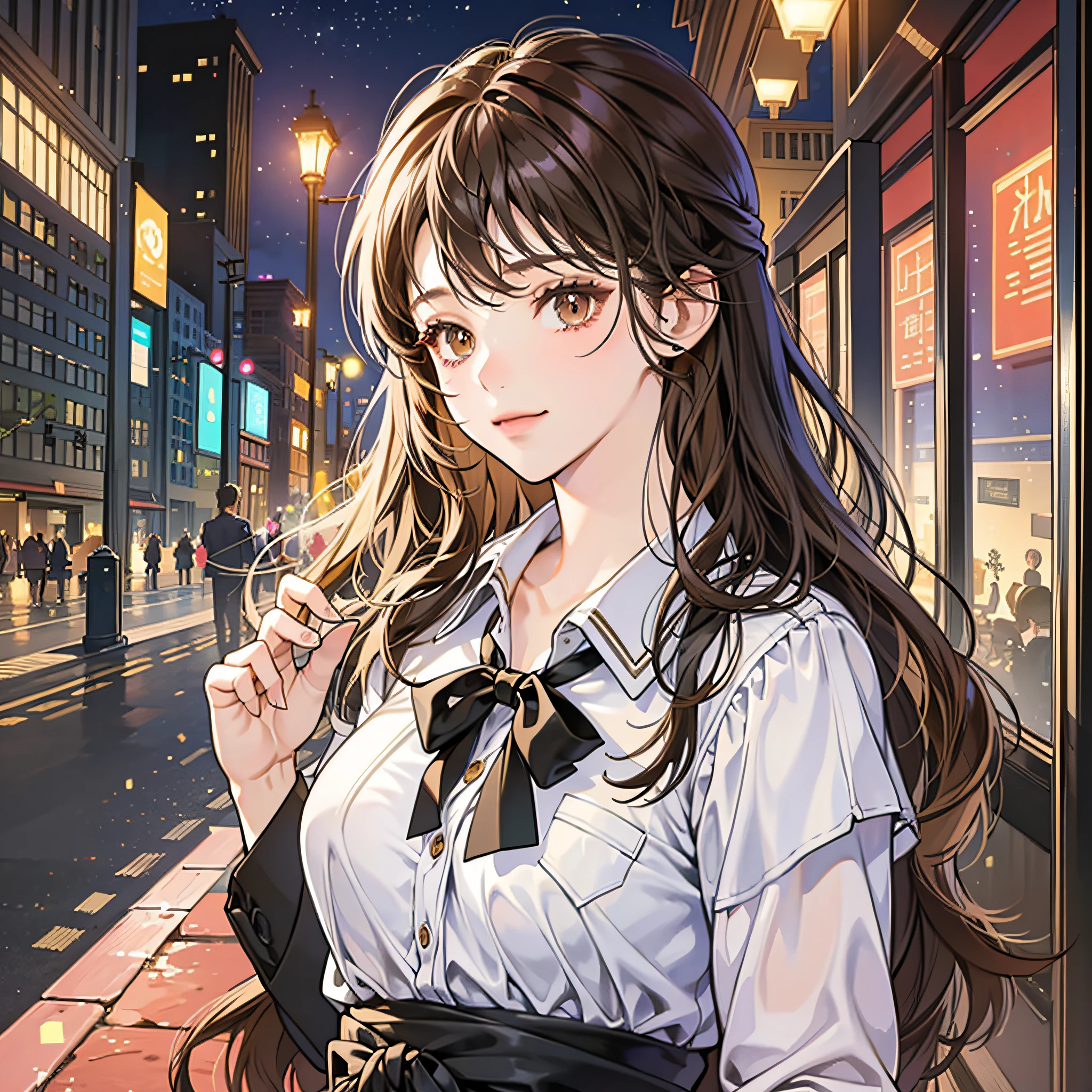 best quality, (masterpiece: 1.2), highly detailed, outdoor, park, city, night,
1girl, solo, ogiwara sayu,
looking at the viewer, medium breasts, slight smile, closed mouth, (standing:1.2),
brown eyes, brown hair, long hair, school clothes --auto --s2