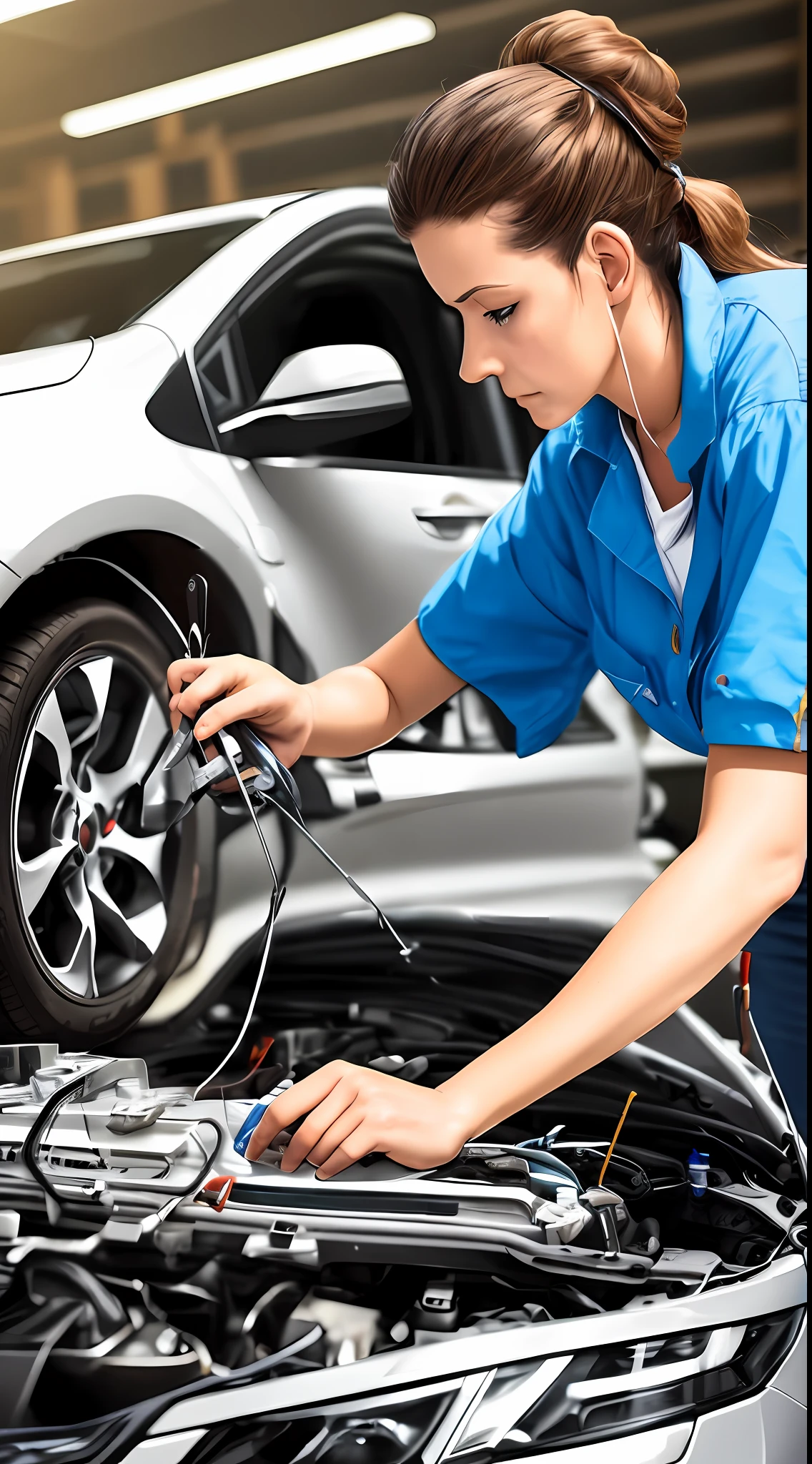 A woman repairs a car, --auto