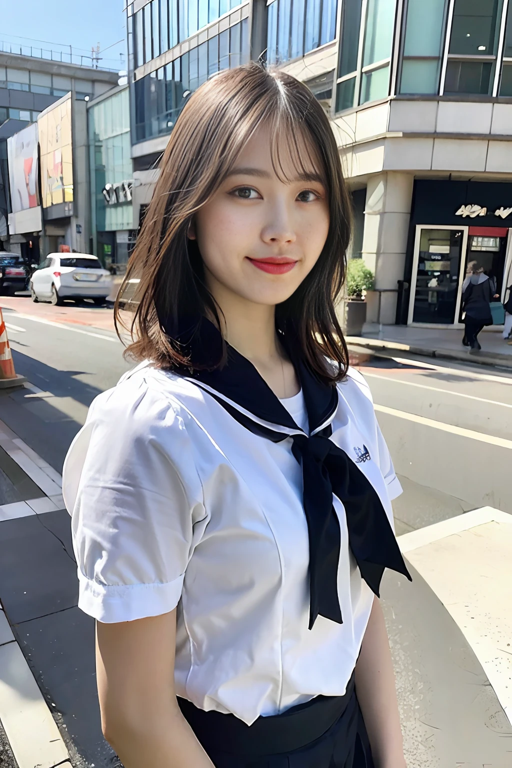 ultra best quality、A masterpice、ultra-high-resolution、(photorealestic:1.4)、extremely detailed CG Unity 8k wallpapers、Detailed and Intricicated、original、high-re、Raw foto、(perfect body type)、Detailed and Intricicated,、DSLR、softlighting、highly quality、film grains、Depth of field、FujifilmXT3、50mm Lens、Back lighting、omg、hyper-real、Color Grade、dinamic pose、portlate、japanes、smile on face、s lips、bangss、(Crowded Akihabara:1.2)、Front view View viewer、natural lights、babes、20 age old、Whole human body、独奏、 pupil、University、seethru school uniform、Sailor collar、Bobby Socks、pleats skirt、daytime、in a street、deep-shadows、a Pretty、Beautie、Unobtrusive、Short-cut hair,Cold Light 12000K \\ a street、The state of the store、akihabara、Shinjuku、Shibuya、Ikebukuro、Detailed Realistic、specifics、Skin texture、ultra -detailed、realistic skin textures、(Dramatic、awardwinning photo、Incredible masterpiece:1.3),Bust 190cm or more,Shortcut Hair