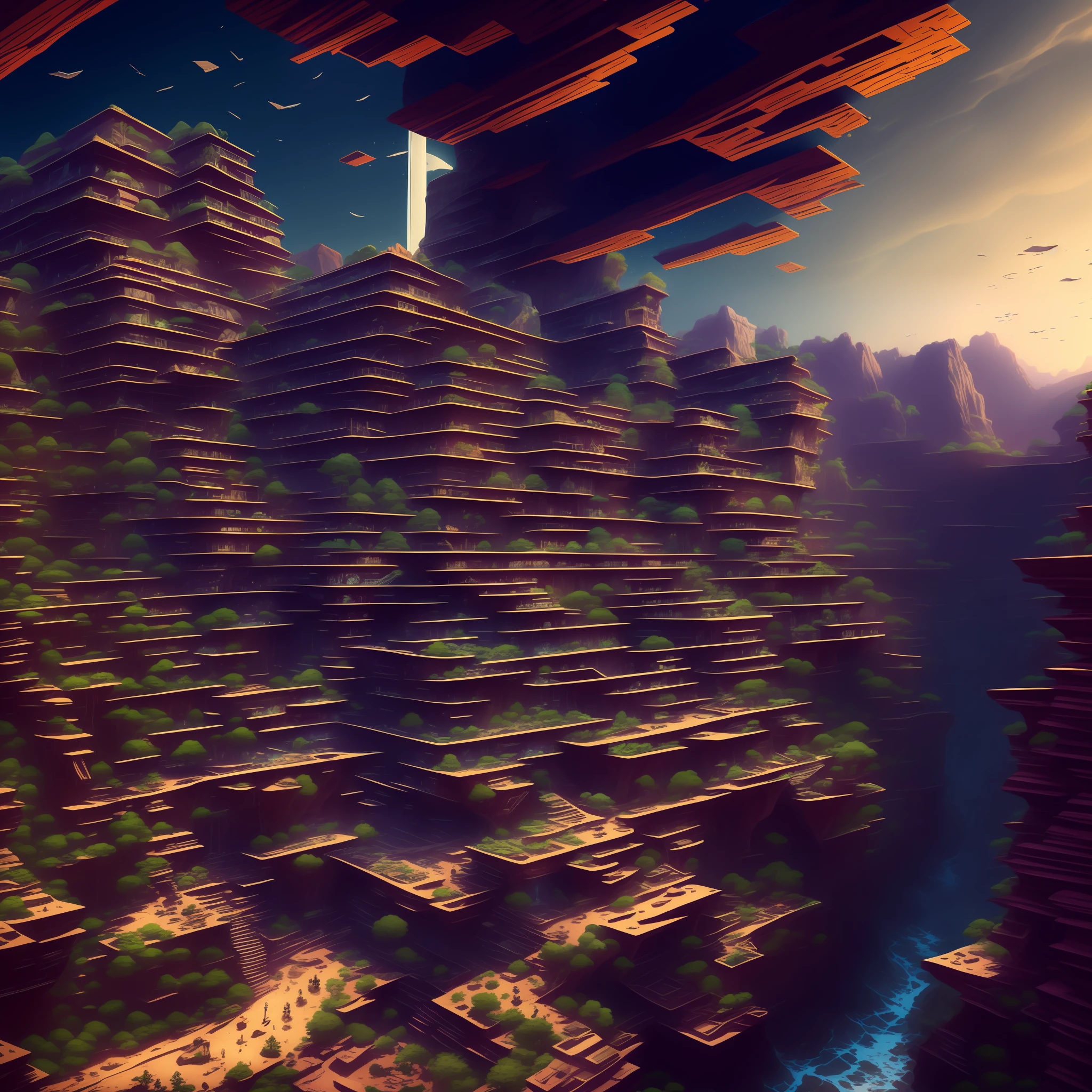 an awesome sunny cheerful day environment concept art of Futuristic design of cave architecture interiors concept art on grand Canyon caves nature architecture, proportional,detailed, cave architecture nature meets futuristic architecture on a rainforest jungle cliff with huge waterfalls,Crepuscular rays, nature meets modern architecture in the style of Aries Moross, Rem Koolhaas,Daniel Libeskind, Jean Nouvel, Paolo Soleri,Toyo Ito and Philip Johnson with Dry brush drawing style ,Chiaroscuro village,cliff side residential area, mixed development,nature architecture,bright colors,high rise made up staircases, balconies, full of glass facades,carved from rocks, masterpiece, proportional, detailed, trending on artstation, beautiful lighting, realistic, intricate