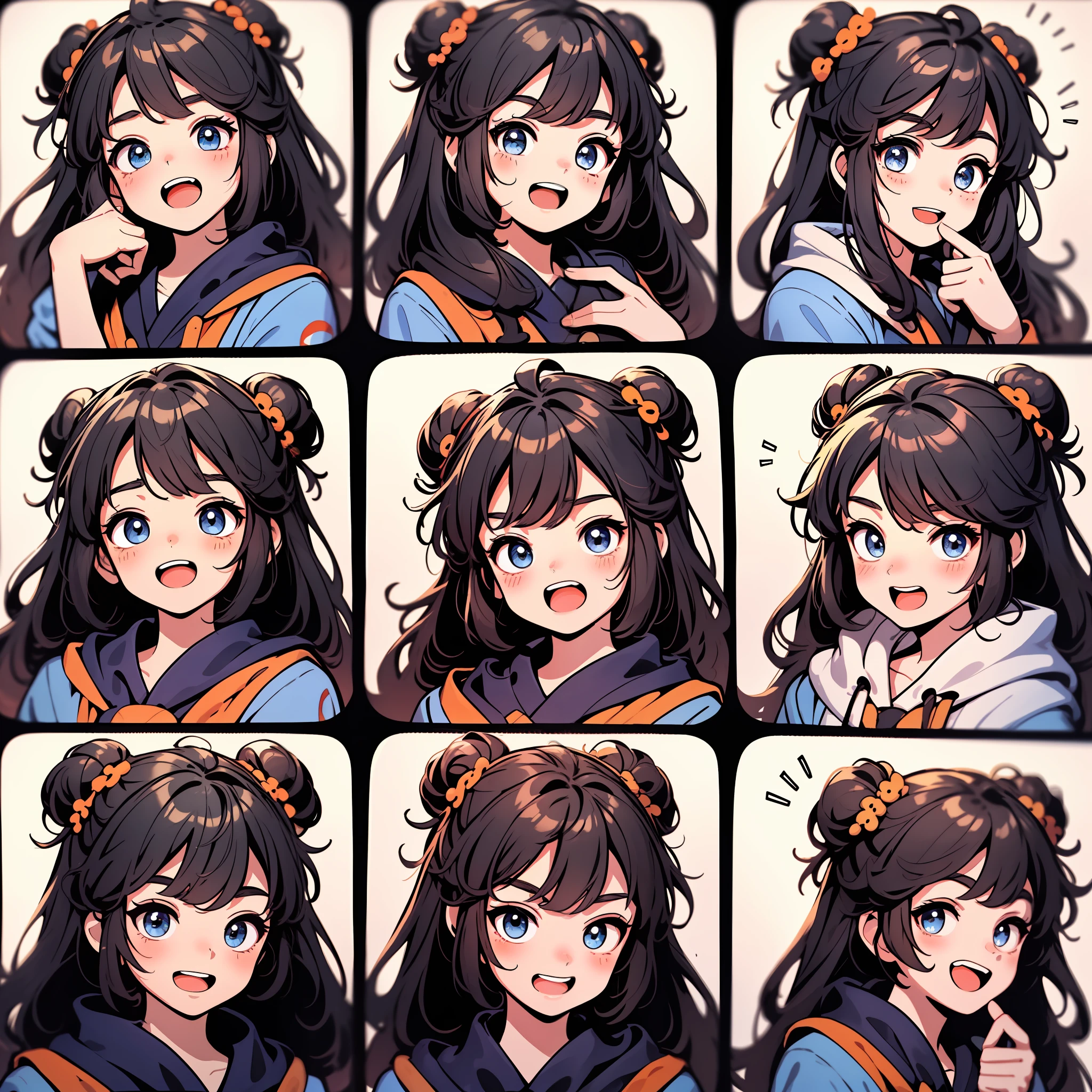 1 cute Chinese girl，9 grids，9 emoji packs，9 poses and expressions，Hanfu，Disney  style，Black strokes，Different emotions，8K