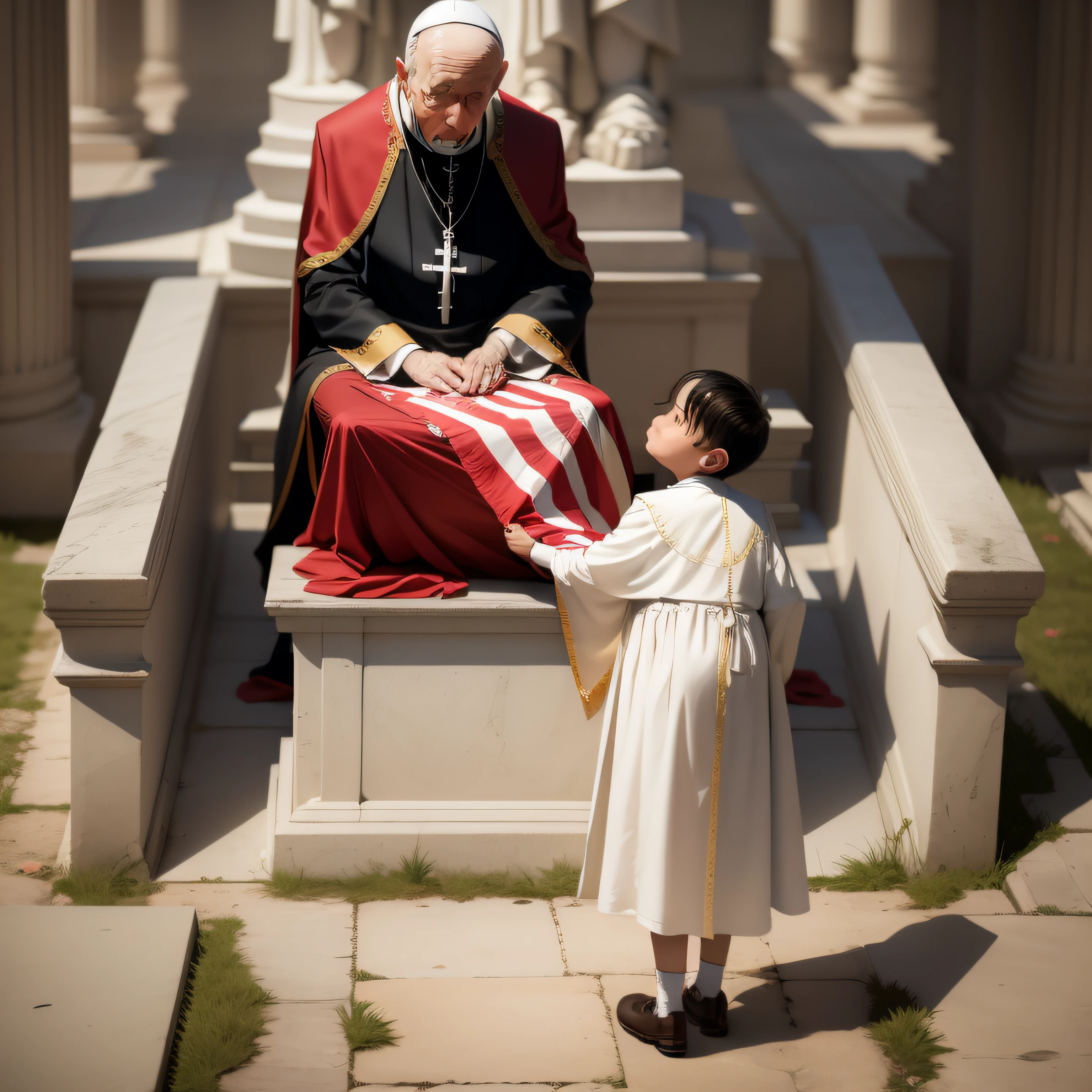 The Catholic Holy Father weeping over a child's coffin draped with the flag of the United States of America