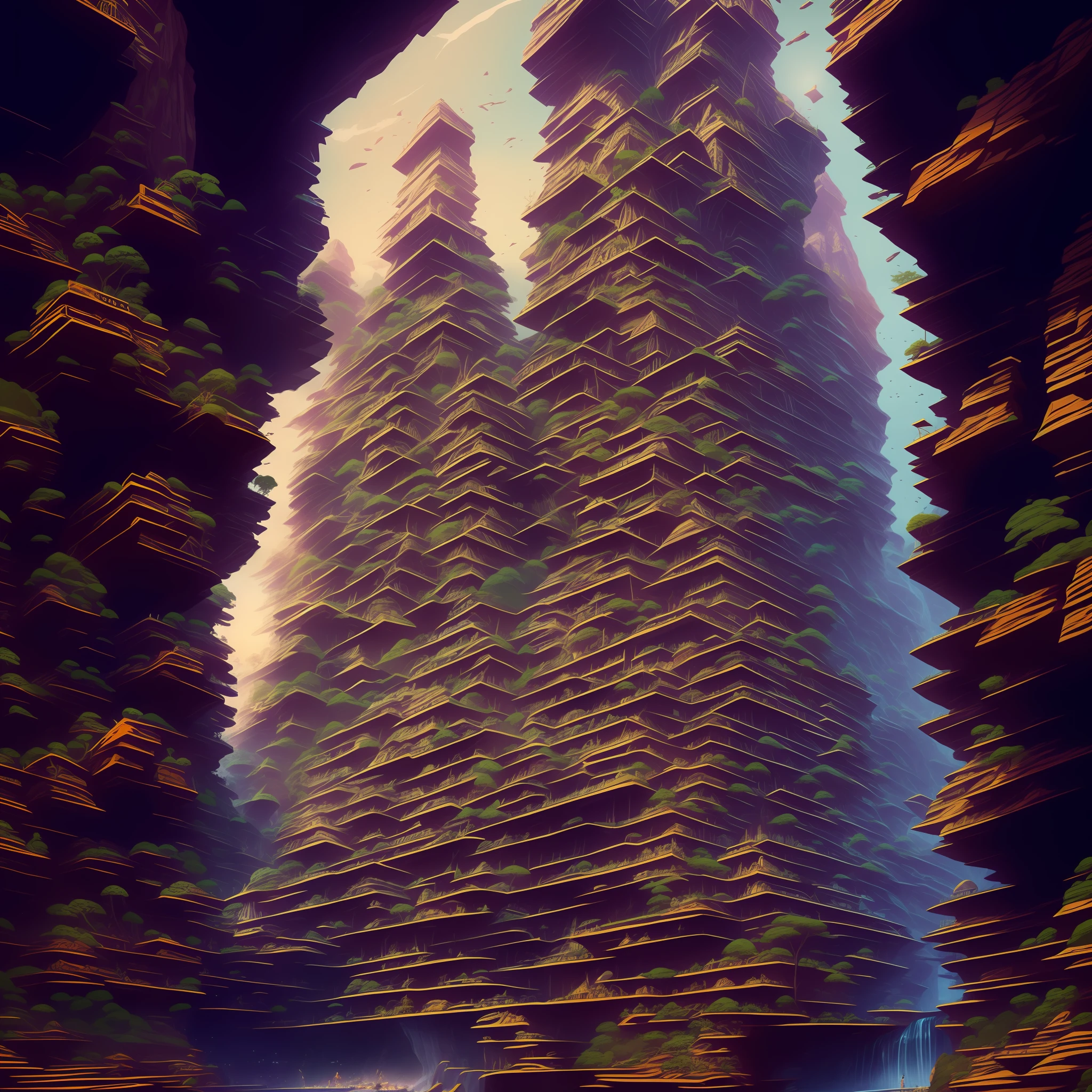 an awesome sunny cheerful day environment concept art of Futuristic design of cave architecture interiors concept art on grand Canyon caves nature architecture, proportional,detailed, cave architecture nature meets futuristic architecture on a rainforest jungle cliff with huge waterfalls,Crepuscular rays, nature meets modern architecture in the style of Aries Moross, Rem Koolhaas,Daniel Libeskind, Jean Nouvel, Paolo Soleri,Toyo Ito and Philip Johnson with Dry brush drawing style ,Chiaroscuro village,cliff side residential area, mixed development,nature architecture,bright colors,high rise made up staircases, balconies, full of glass facades,carved from rocks, masterpiece, proportional, detailed, trending on artstation, beautiful lighting, realistic, intricate