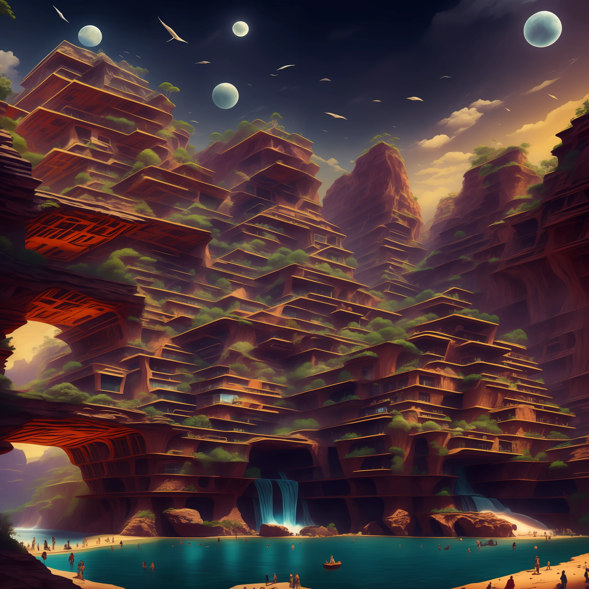 an awesome sunny cheerful day environment concept art of Futuristic design of cave architecture interiors concept art on grand Canyon caves nature architecture, proportional,detailed, cave architecture nature meets futuristic architecture on a rainforest jungle cliff with huge waterfalls,Crepuscular rays, nature meets modern architecture in the style of Aries Moross, Rem Koolhaas,Daniel Libeskind, Jean Nouvel, Paolo Soleri,Toyo Ito and Philip Johnson with Dry brush drawing style ,Chiaroscuro village,cliff side residential area, mixed development,nature architecture,bright colors,high rise made up staircases, balconies, full of glass facades,carved from rocks, masterpiece, proportional, detailed, trending on artstation, beautiful lighting, realistic, intricate