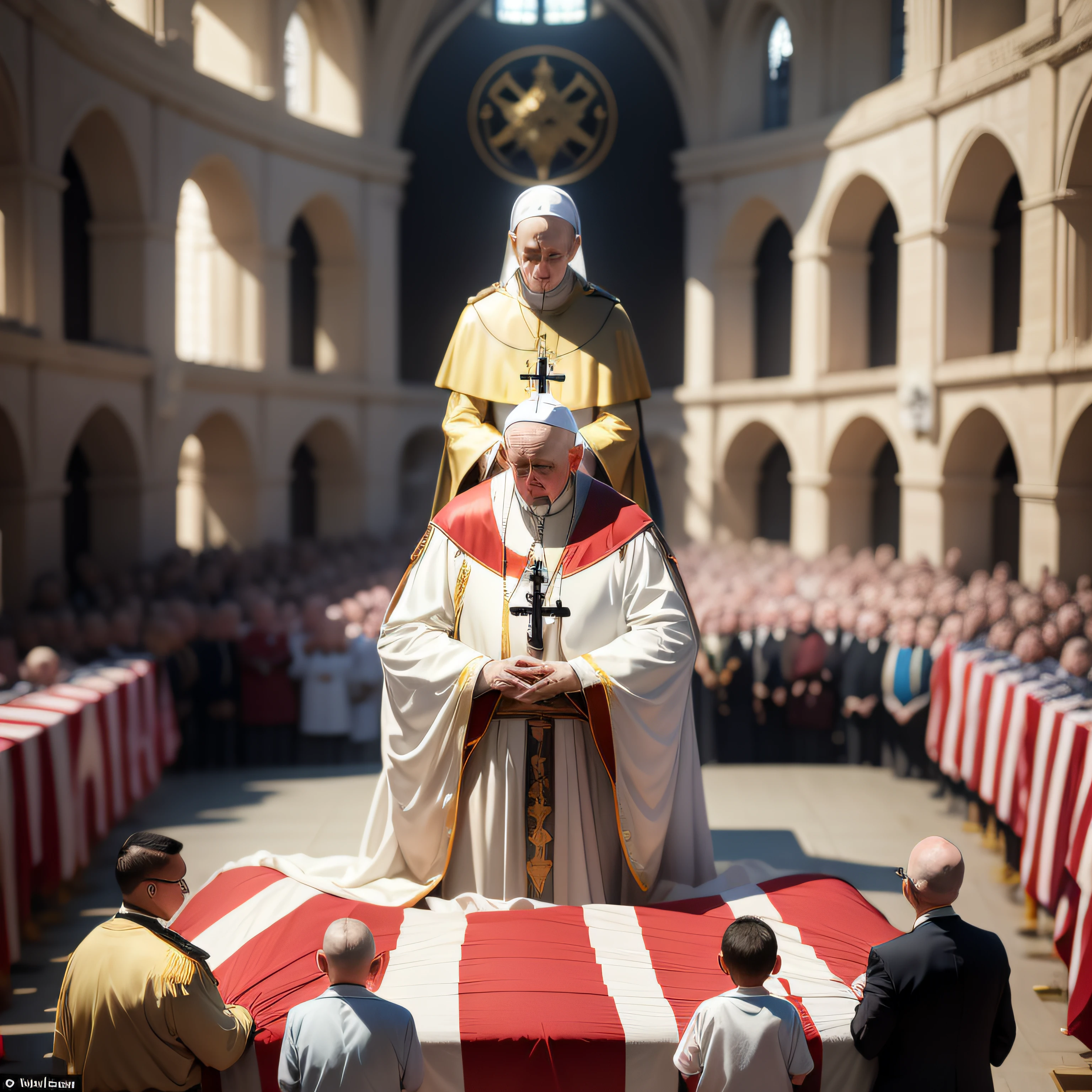 The Catholic Holy Father weeping over a child's coffin draped with the flag of the United States of America