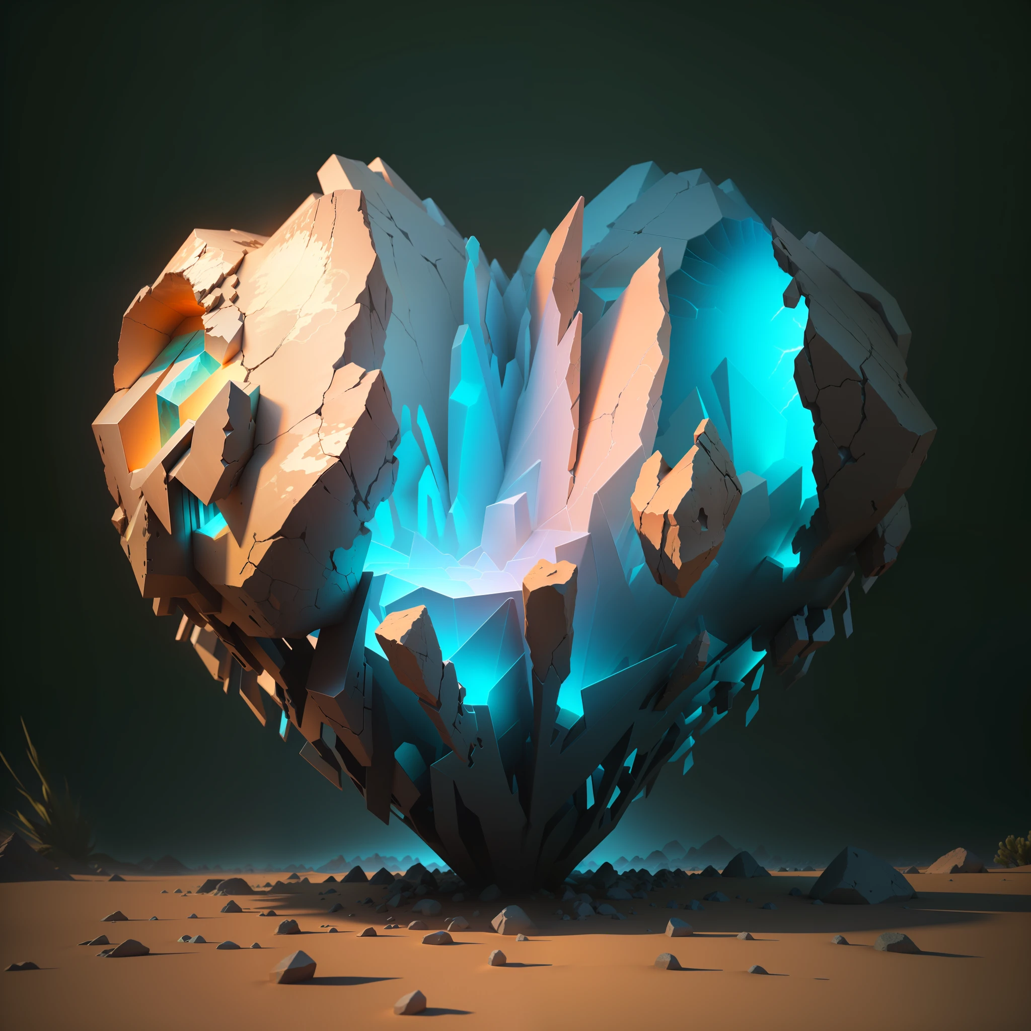 there is a heart shaped object made of rocks in the desert, Estilo de Arte Heartstone Original, arte conceitual emocional, inspirado em Mike Winkelmann, 3 d render stylized, renderizado em octanagem, 8k arte impressionante, 3 d renderizado em octanagem, inspirado em Christopher Balaskas, 3d renderizado em octanagem, arte renderizada, 3 d render bipe