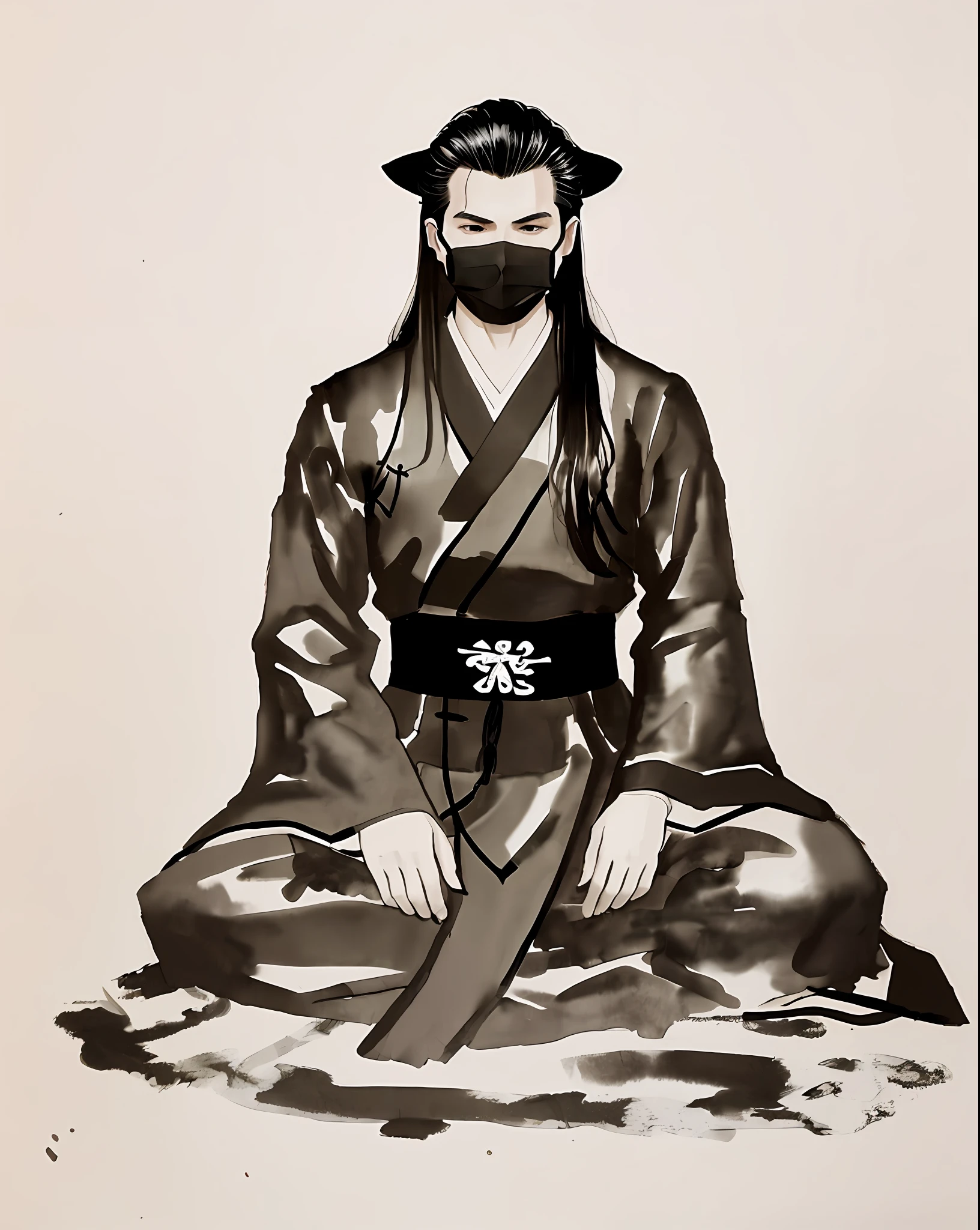 zydink， monochromel， Ink sketch， 1boy，Handsome men，Young Taoist， Taoism， Meditation posture， looking at the spectator， length hair， Floating hair， Hanfu， Chinese clothes， long  sleeves， （abstract ink splash：1.2）， Bronze mask in hand，white backdrop