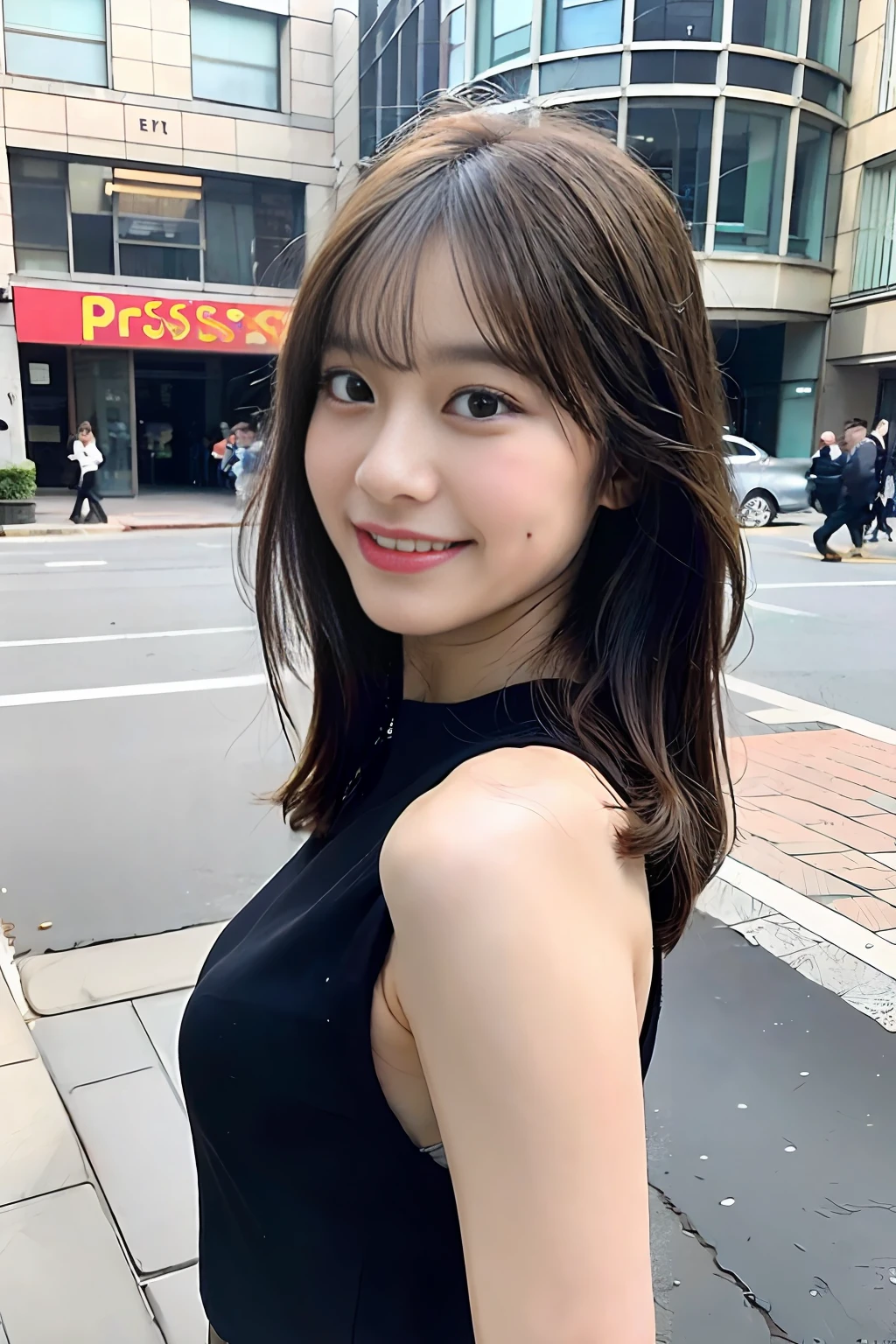 女の子1人、Happiness、smile on face、(In the street:1.2)、((Transaction service:1.2))、Night、Raw photography、(photorealestic:1.37、Realstic)、High Definition CG Integrated 8K Wallpapers、Viewer's Perspective、(((Straight)from front view)))、(HQ Skin:1.8、shiny skins)、8K UHD、DSLR、Soft lighting、highly quality、Film grain、FUJI XT3、((Haut du corps:1.6))、(Professional Writing:1.6),Large bust of 180 cm or more