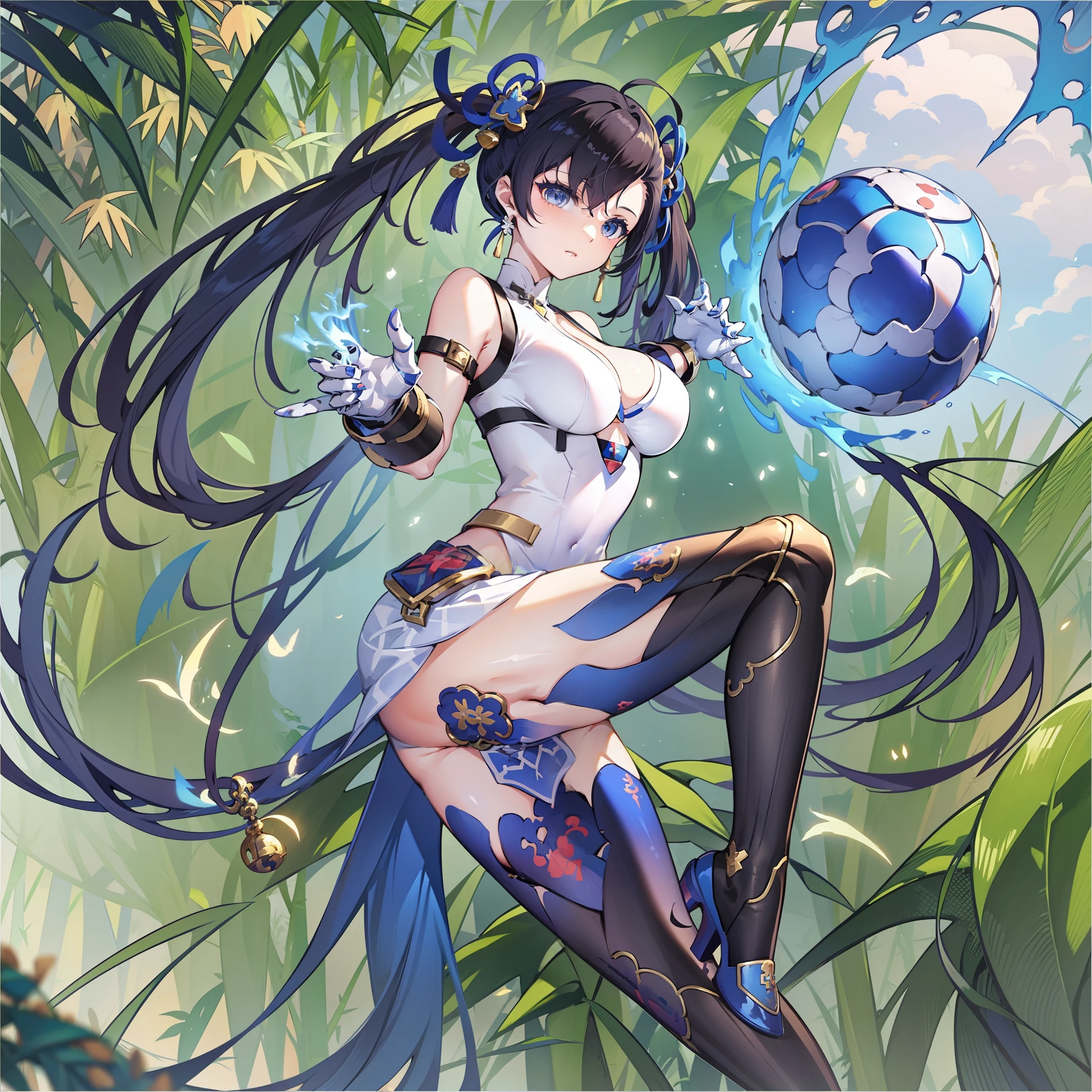 anime girl with long 2 pigtails hair, anime art, anime girl with black hair, shadowverse style, Using a white mixed blue Chinese dress, Kicking style, in the bamboo tree