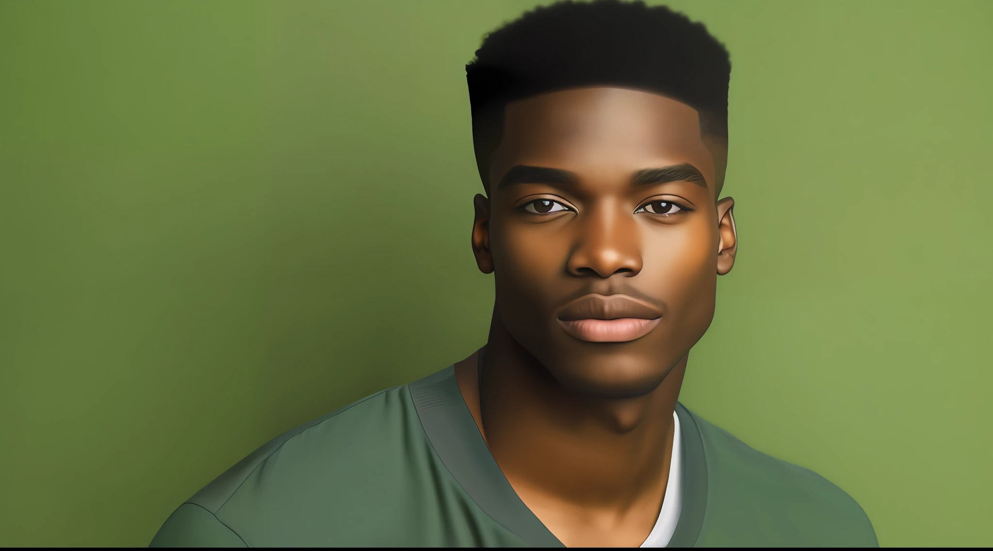Portrait of handsome young black man, face zoom, frontal view, serious expression, short hair and no beard, green background, fit on page,