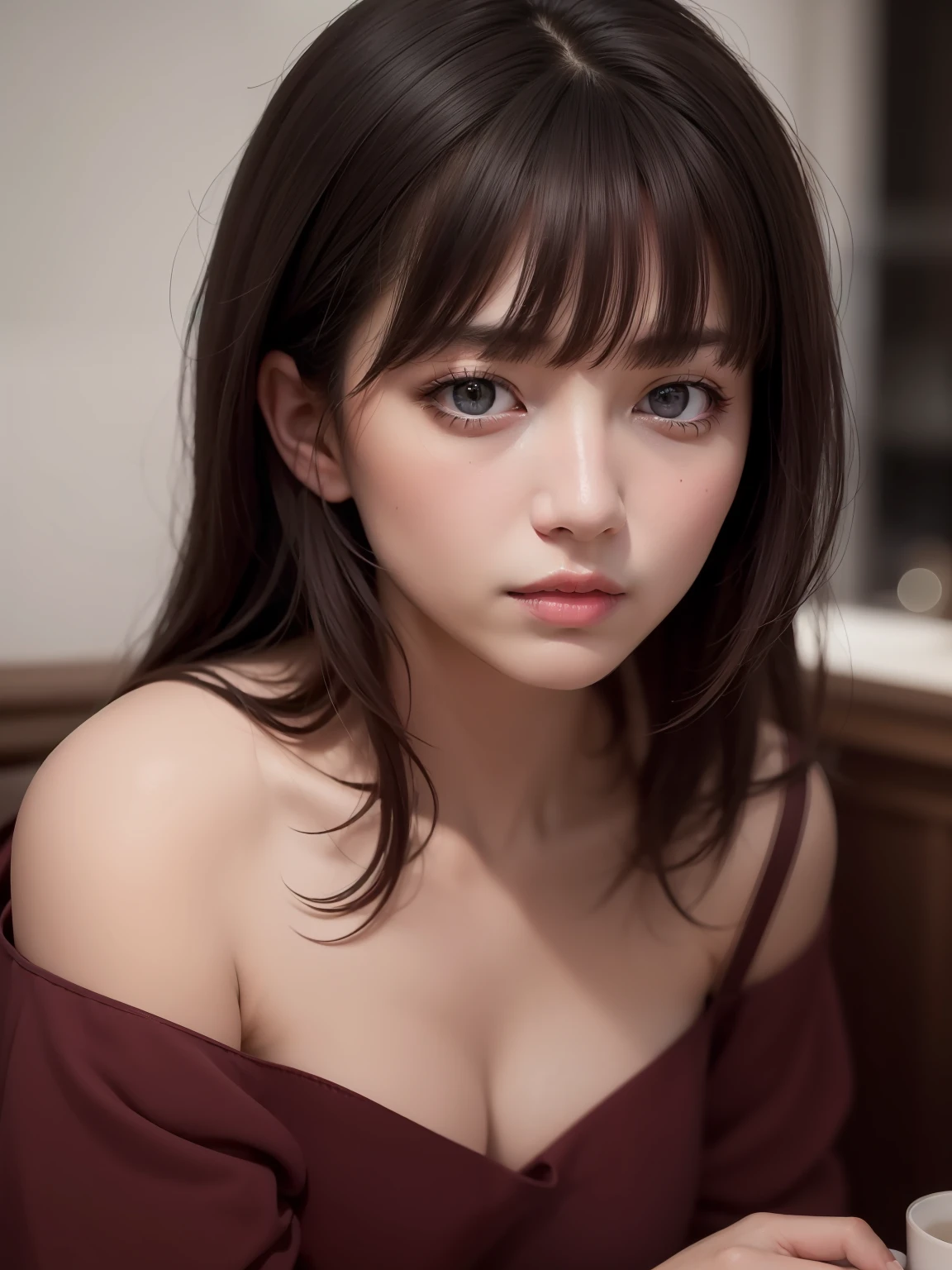 beste Quality, masterpieces, Super High Resolution, (photo realistic:1.5), Raw Image,pink dress ,Korean 1girl, offshoulder, In the dark, deep shadow, Low key, cold light, sexy look, hair long,Cafe,pretty