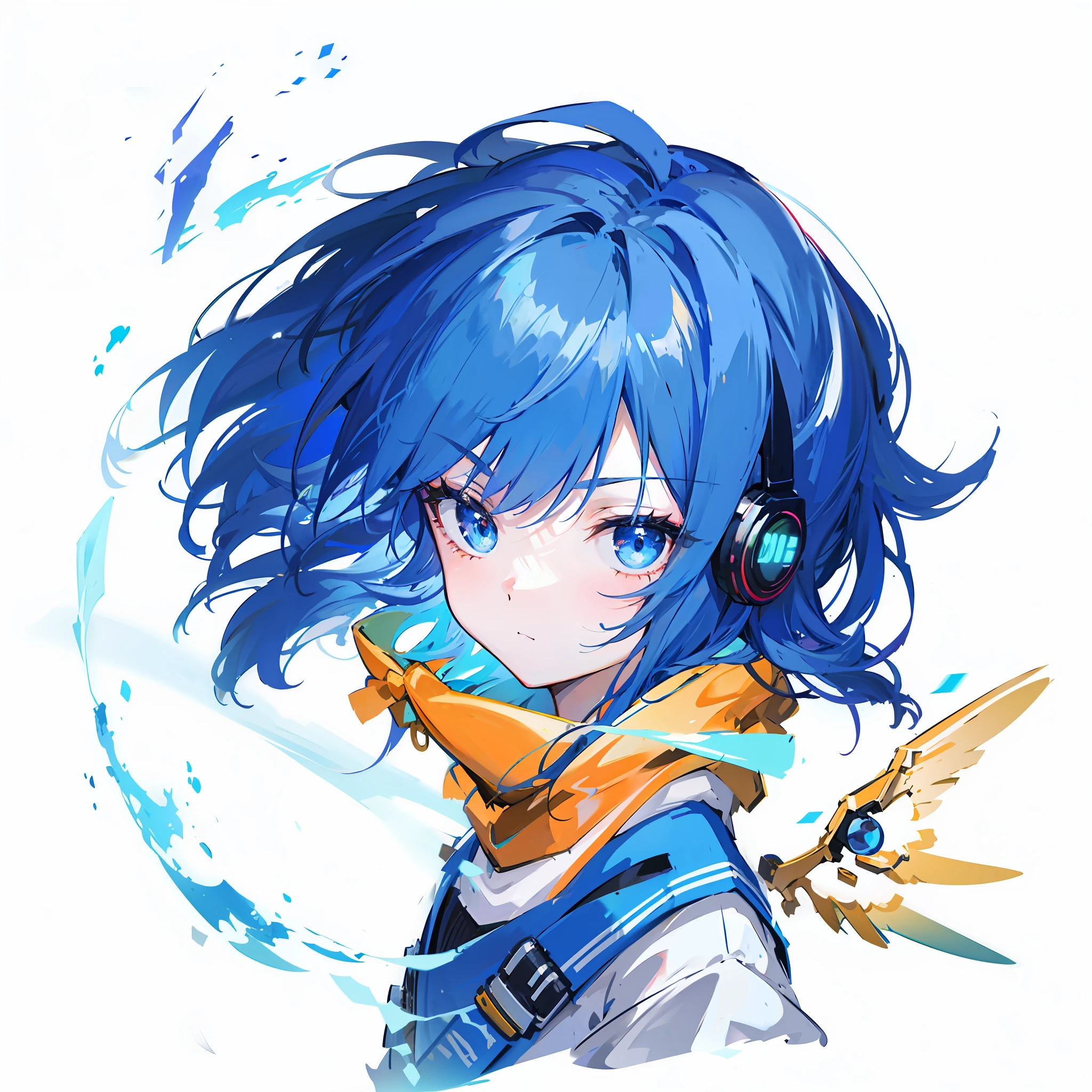 Japanese anime electronic style,agirl,blue hairs,white clothes,Wear headphones,Golden mechanical wings