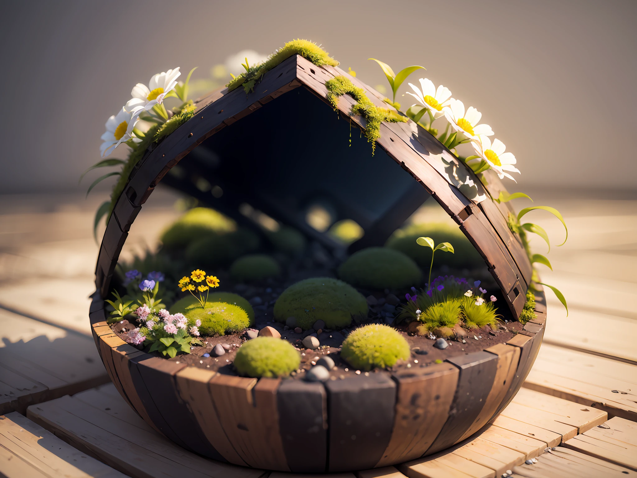Amidst a bed of moss, a delicate wildflower pushes through, defying the odds and embracing its moment in the spotlight. Its petite petals, kissed by sunlight, epitomize resilience, reminding us that beauty can flourish even in the most unexpected places,Superb lighting,volumetr,by Jon Klassen,In Studio Ghibli style,Tilt - shift,80mm lens,Large aperture,3D,Blander,nmasterpiece,super detaill,最佳质量, --v6