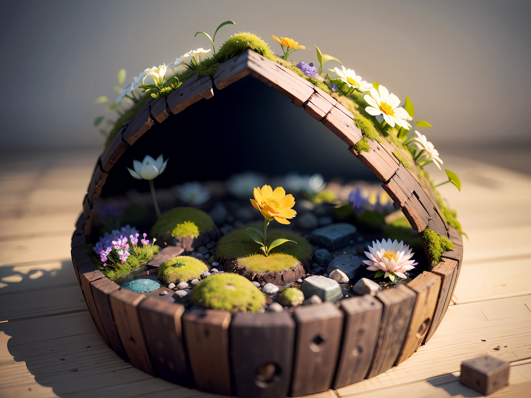 Amidst a bed of moss, a delicate wildflower pushes through, defying the odds and embracing its moment in the spotlight. Its petite petals, kissed by sunlight, epitomize resilience, reminding us that beauty can flourish even in the most unexpected places,Superb lighting,volumetr,by Jon Klassen,In Studio Ghibli style,Tilt - shift,80mm lens,Large aperture,3D,Blander,nmasterpiece,super detaill,最佳质量, --v6