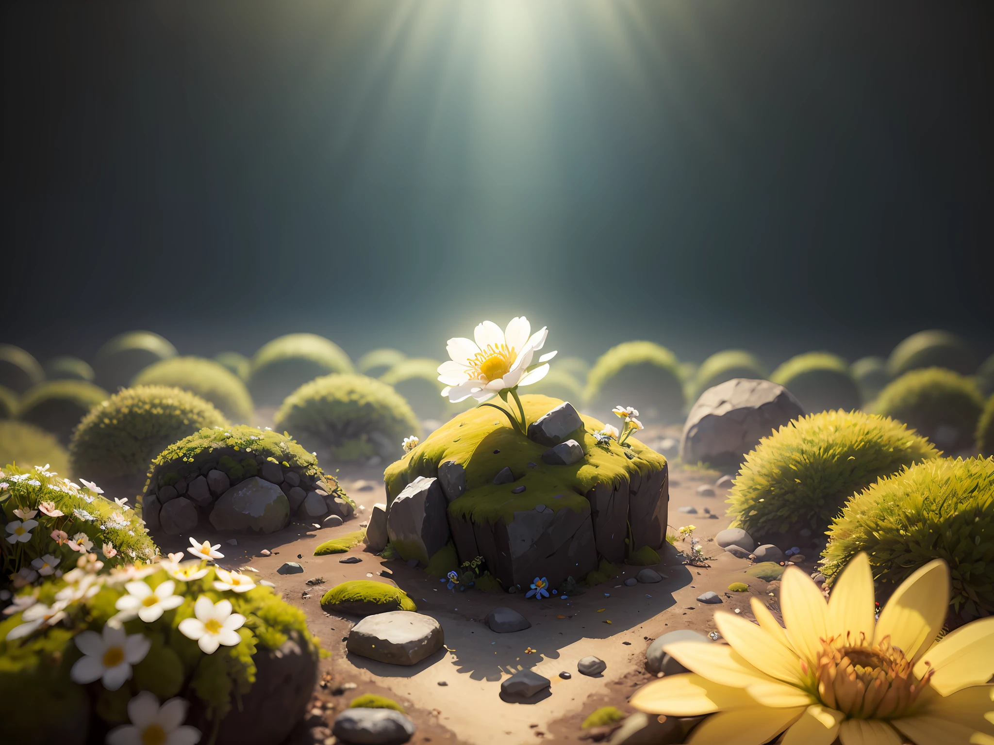 Amidst a bed of moss, a delicate wildflower pushes through, defying the odds and embracing its moment in the spotlight. Its petite petals, kissed by sunlight, epitomize resilience, reminding us that beauty can flourish even in the most unexpected places，Superb lighting，volumetr，by Jon Klassen，In Studio Ghibli style，Tilt - shift，80mm lens，Large aperture，3D，Blander，nmasterpiece，super detaill，最佳质量， --v6