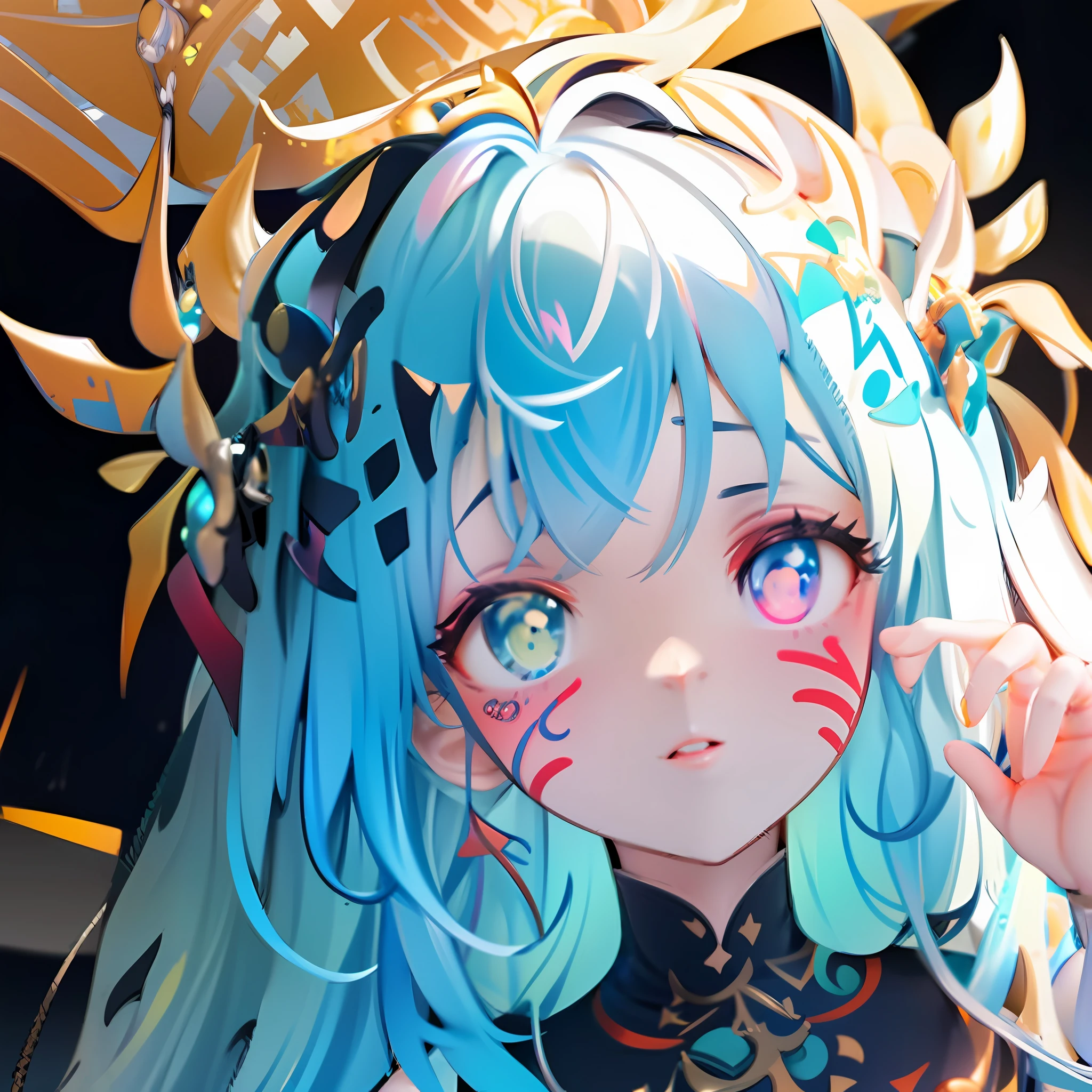 babes、Close-up of the face、Neon Blue Color、gold、odd eye、Neon blue hair、Longhaire、facepaint、Striking golden hair ornament