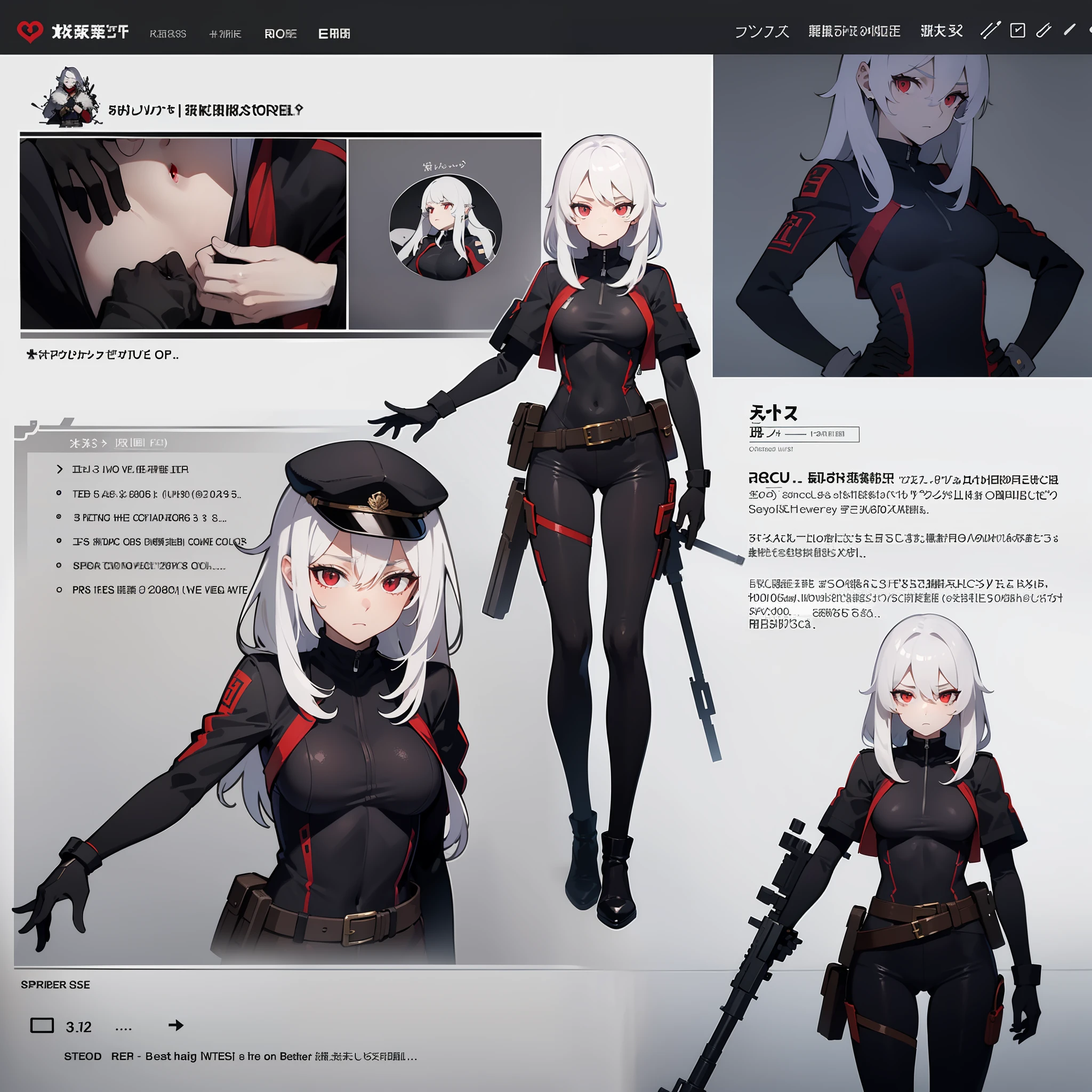 cohesive background,(character sheet:1.1),(clothes:1.15),clothes sheet,masterpiece,(bestquality),highlydetailed,ultra-detailed,pale,red eyes,white hair:1, long hair,hair rings,sniper rifle,black bodysuit,medium bust,high and cold expression, belt wrapping, dagger decoration,