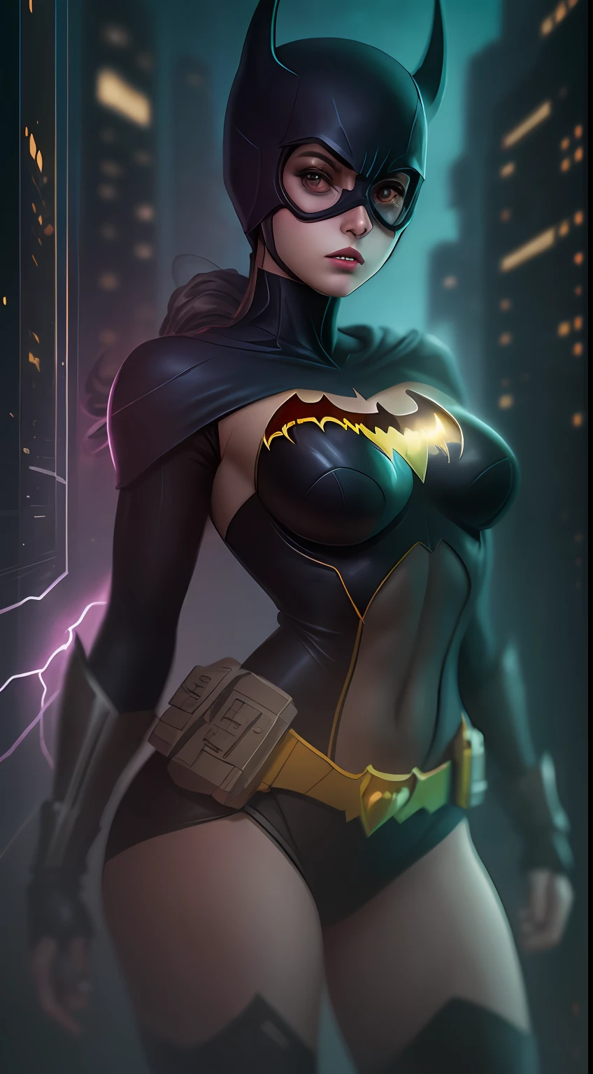 Dios Batgirl de DC, neon ring on background, Estilo de arte cyberpunk, Estilo cyberpunk, Estilo cyberpunk, Personaje cyberpunk, Estilo cyberpunk hiperrealista, Color cyberpunk, powerful lighting, motion synchronization, dinamismo, charged energy, hot action