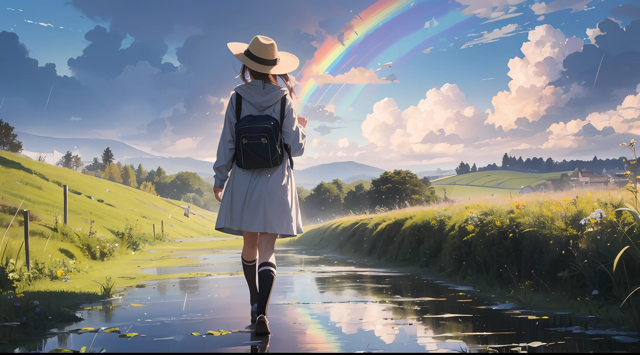 Positive feeling girl good afternoon walking after rainy sun clearing countryside happy distant view puddle looking up at rainbow sky