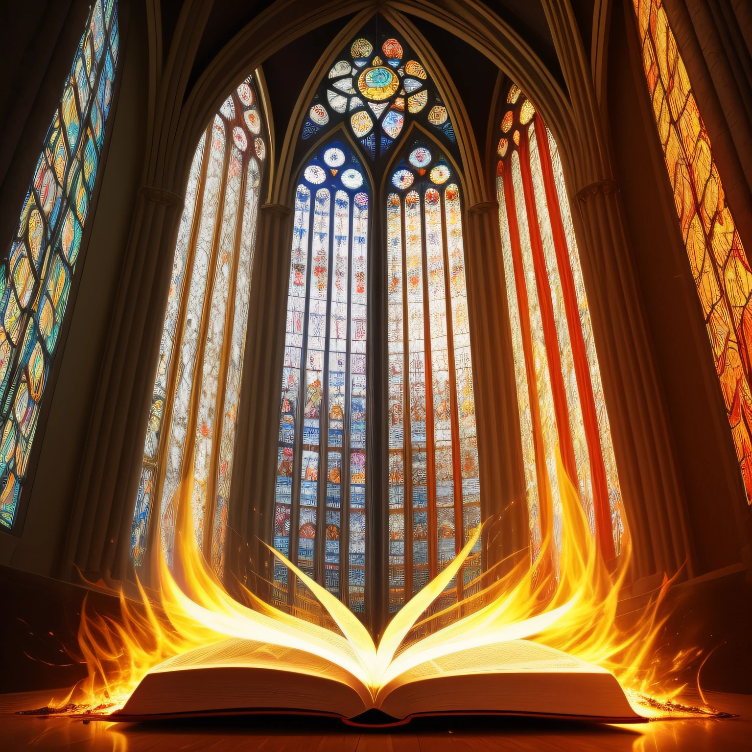 Holy Bible on fire, iluminada pela luz divina, exalando uma aura sagrada e poderosa.