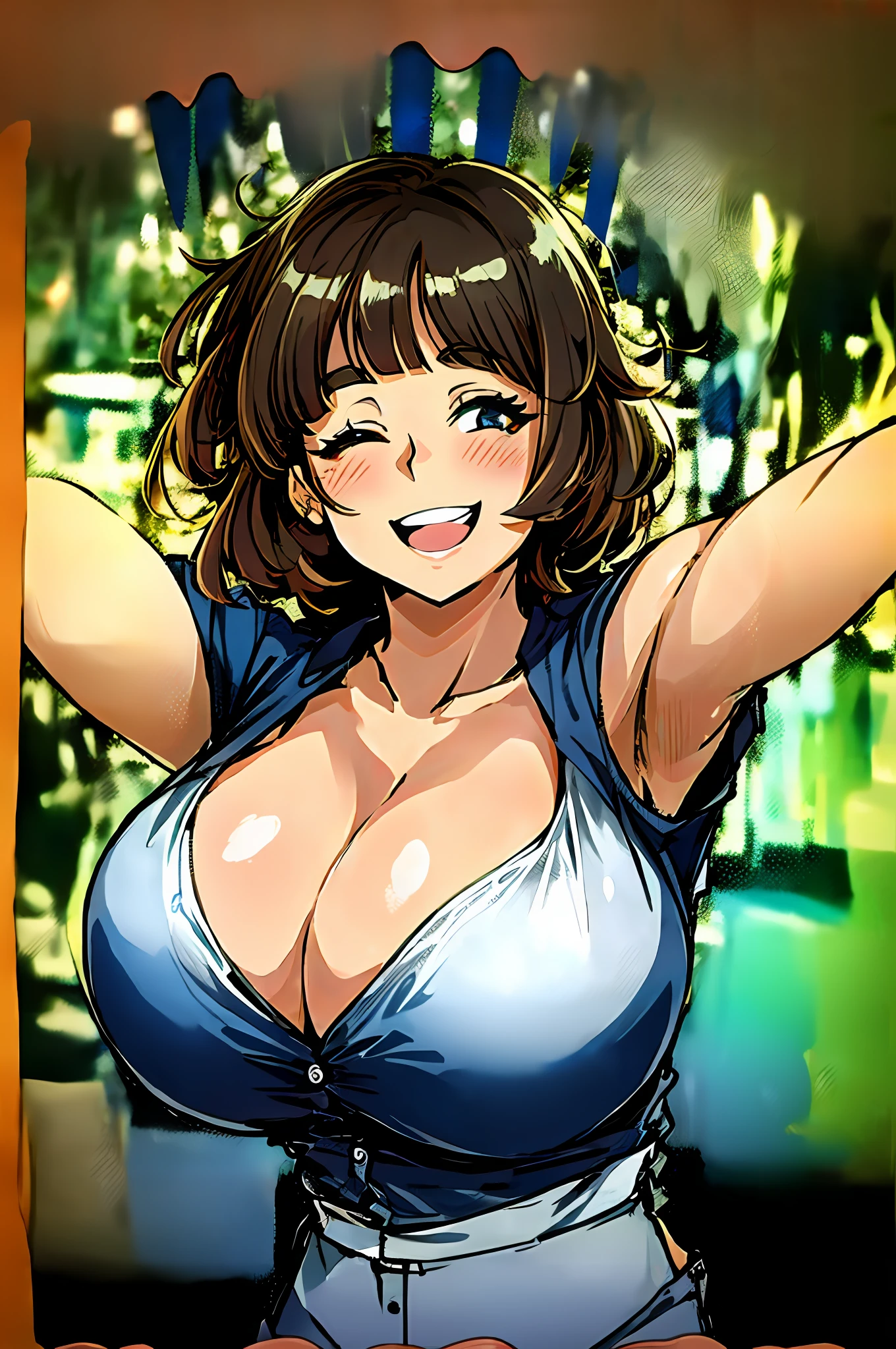 2heads, a chubby woman with two heads. She is dancing. She is in a bar. She has massive breasts. She looks drunk. She is wearing a low-cut shirt and jeans. She has enormous breasts. She looks flirty. She is dancing. She is laughing out loud. She is smiling wide. Giant boobs.
