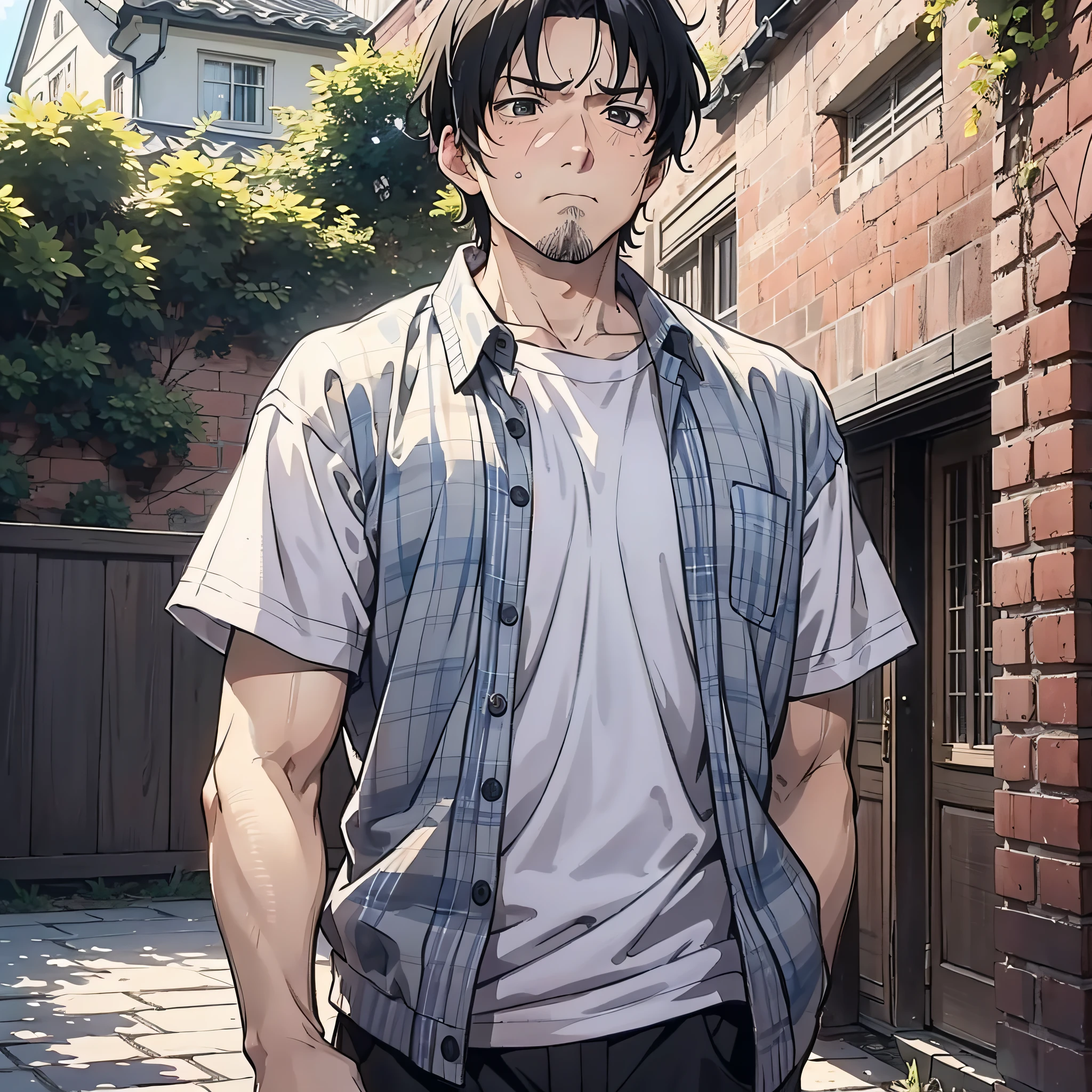 A middle-aged uncle with short black hair stood in the courtyard of the house with a sad expression,(Expression sadness 1.5)(Sweat 1.5)(Frown 1.5)(The background is the yard of the house)style of anime4 K,Anime rendering,style of anime。8K,Upper body display 1.5)(Cinematic lighting 1.5)(Upper body display 1.3)(Middle-aged uncle 1.5)(Vicissitudes 1.5)