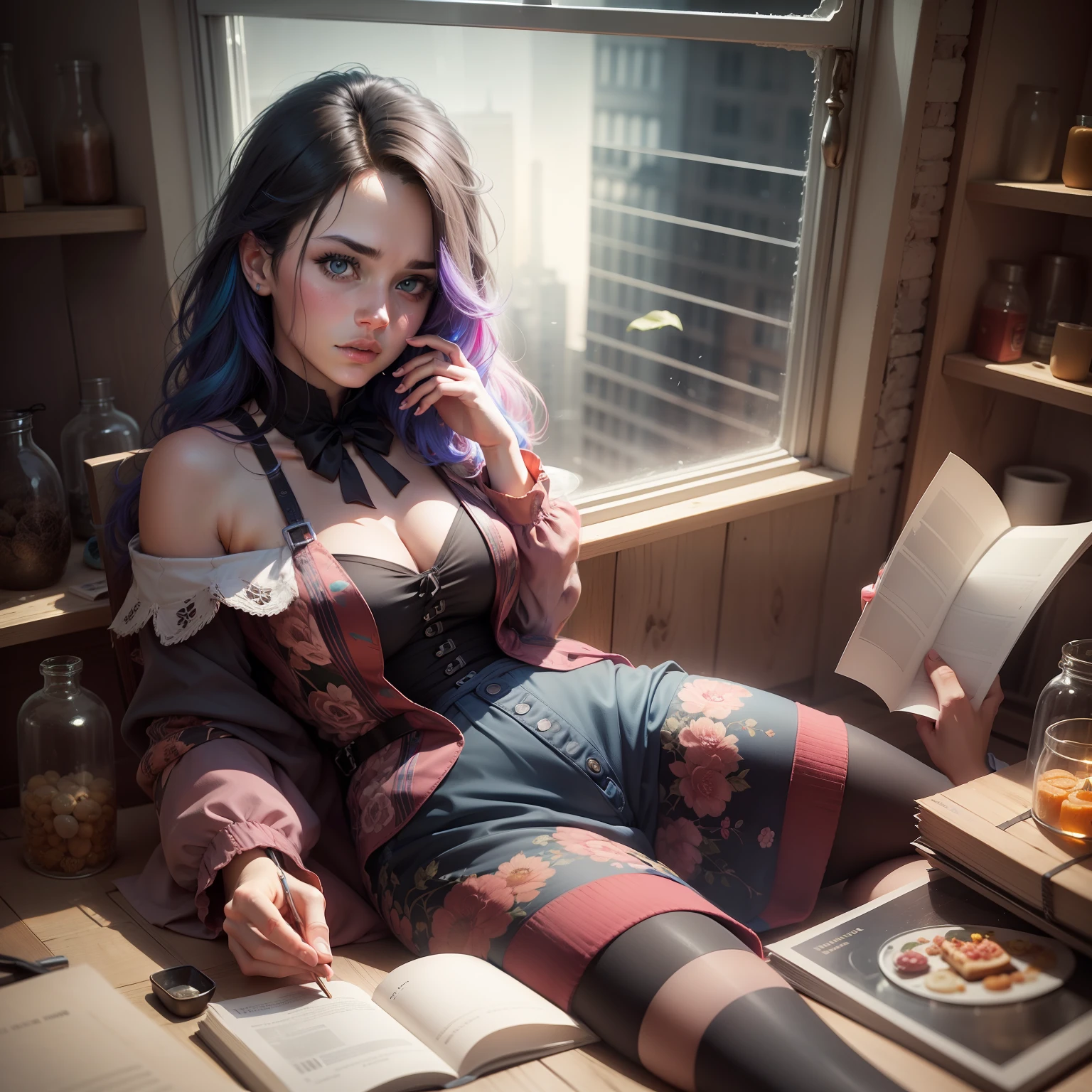 A cat reading a novel by Edgar Allan Poe, isometric shot inside a glass jar looking out, intense coloration fantasy, light hair, a stunning realistic photograph 20 years , random colored hair, random color eyes, full body, cover, hyperdetailed painting, luminism, octane render, Bar lighting, complex, 8k resolution, fractal isometrics details, photorealistic face, hypereallistic cover photo awesome full color.