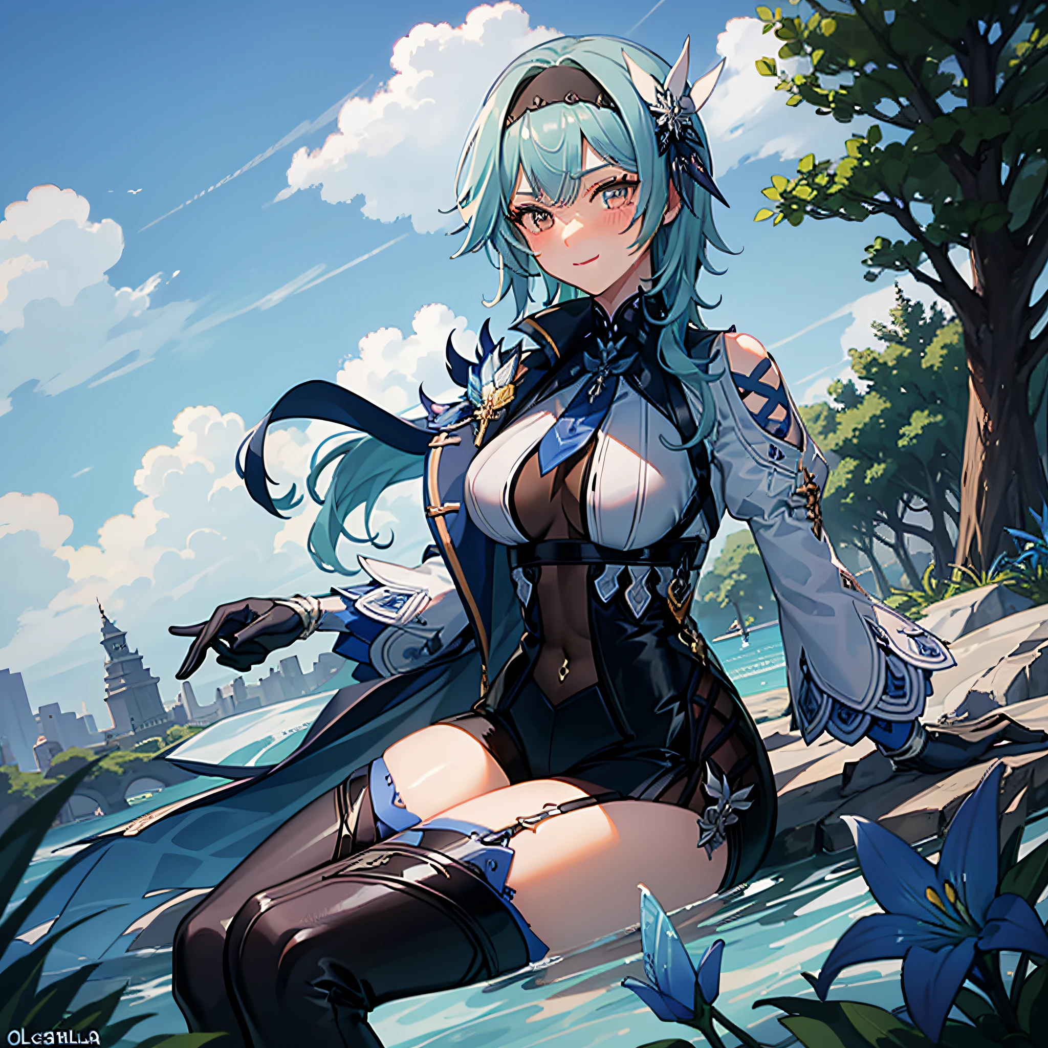 (antecedentes extremamente detalhados) (melhor qualidade), (mais alta qualidade), (obra-prima) , (ultra-detalhado) , Eula Lawrence, peitos enormes, bundas grandes, coxas grandes, Your MILF skin is oily, olhar sedutor, sorriso sedutor, blush, blue skies, cabelo longo, olhos castanhos , sitting in a garden of blue lilies, Blue lilies , olhando para o espectador , solo ,4k , 8k ,