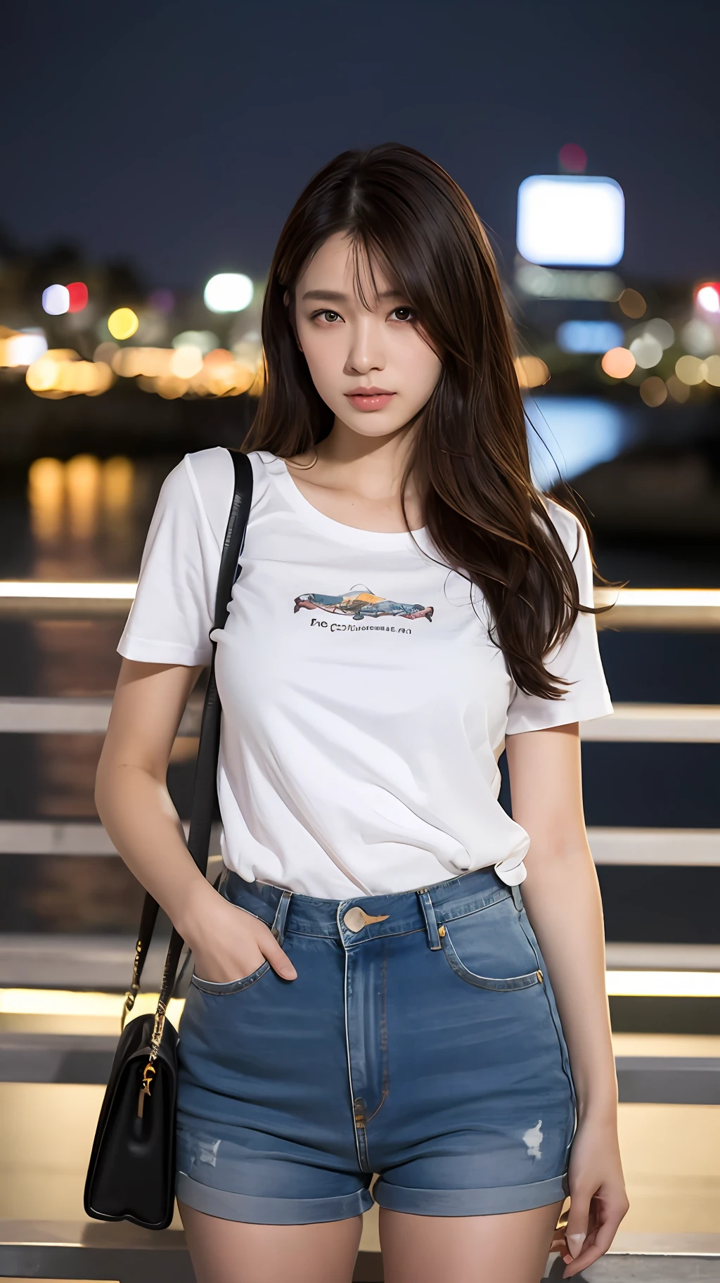 ((midnight, need, 8K, nmasterpiece:1.3)), Whole human body, Long legs, Focalors:1.2, perfect figure beautiful woman:1.4, Slim abs:1.1, ((Dark brown hair, Large big tits:1.2 )), (Yellow skinny T-shirt, Denim suspenders, to stand:1.2), ((city night scene, On the bridge:1.3)), Highly detailed facial and skin texture, detailed eye, 双眼皮（（（Put your hands in your pockets）））