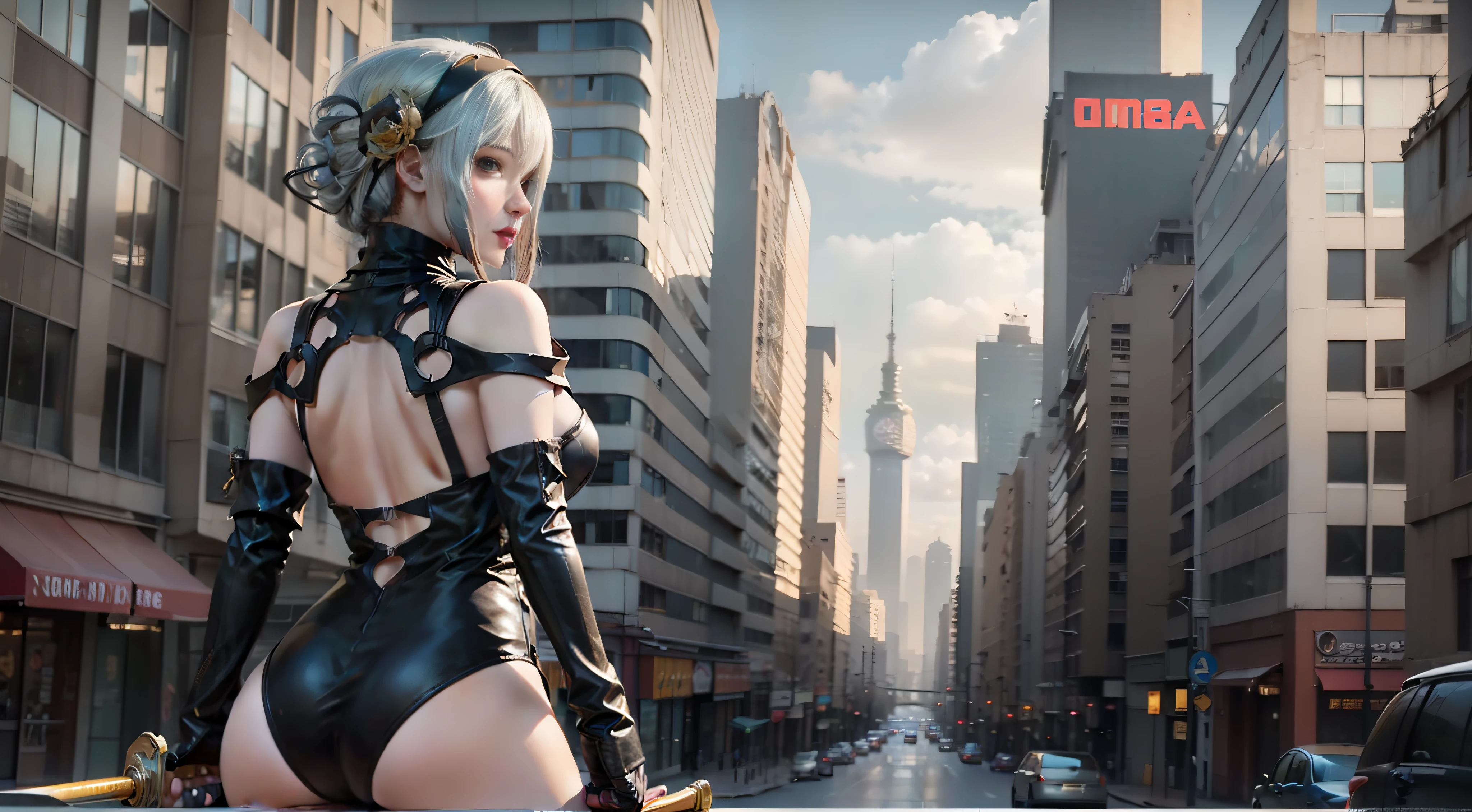 2b nier automata from behind without a skirt without a bra, NSFW, hiperrealista, En un cubo en medio de una ciudad sin gente, desierto, post apocalyptic city, con una espada katana.
Sin alas, bonito trasero, piel perfecta, pelo corto, cabello canoso, cyberpunk, 8k, Ultra Definition.