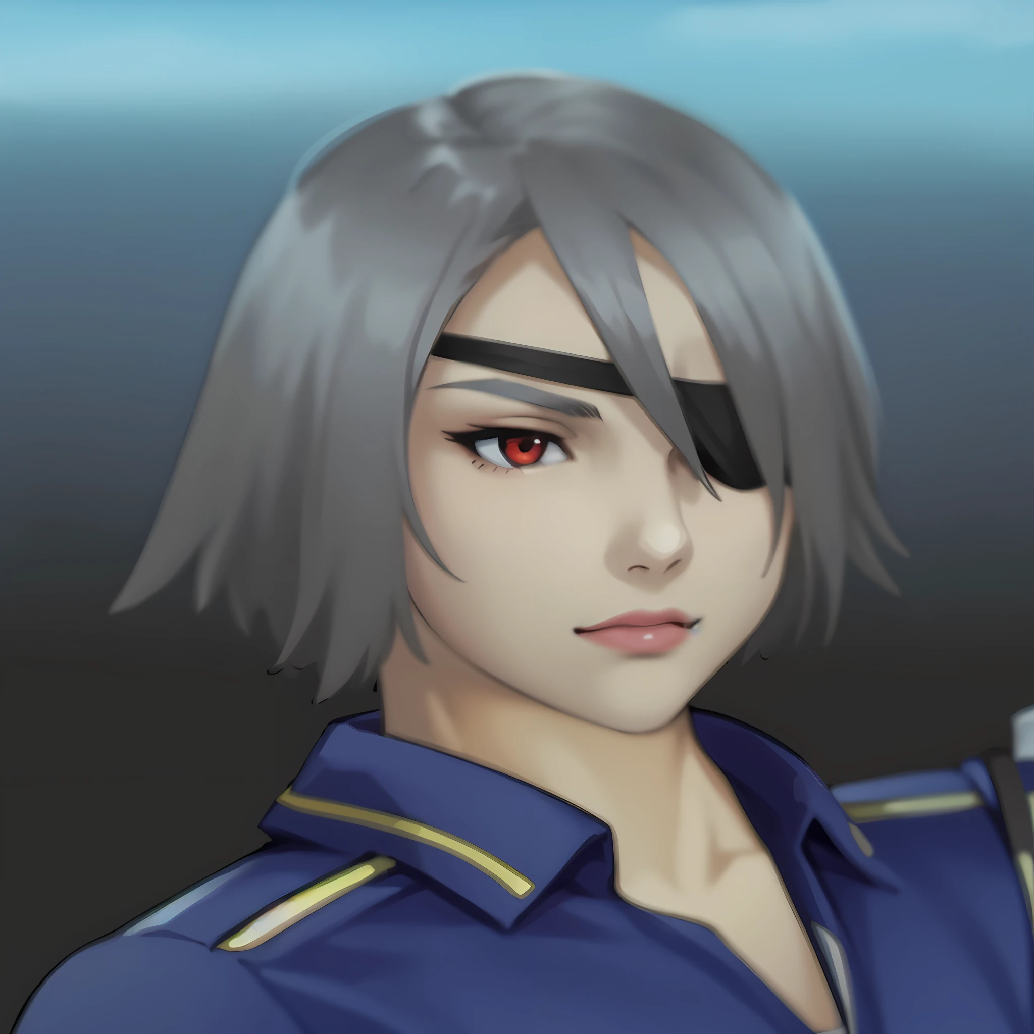 Female (Fujin), silver hair, red eyes, A close-up of a person in a game, Fubuki, Ando Tadao, he has dark grey hairs, Masamune Shiro, En tant que personnage dans Tekken, eyepatch, thancred waters, de virtua figther, Jin Kagetsu, Yuuki Hagure, Tetsuya Nomura, Taumi Fujiwara, inspired by Leng Mei, inspired by Yamagata Hiro, semi realistic anime, Masamune Shiro, inspired by Hisui Sugiura, Personnage de King of Fighters, Tsukasa Hojo, Yuuki Hagure, Shiro Takatani, Taumi Fujiwara . (Masterpiece : 1,8), 64k quality, final fantasy artwork concept, detailed manga eyes, detailed hair, detailed clothes, detailed body, cleaner designs, detailed face pronounced, shiny objects like jewels, see creases on clothes, more coherent clothing, more rounded eyes transparent liquid globular, more colors, more coherent clothing , correct the features of the clothes, better eyes contour, better shoulders, really colorful, coarser line, black line, finishing . (coarser line) (black line) (homogeneous rendering: 1.3)