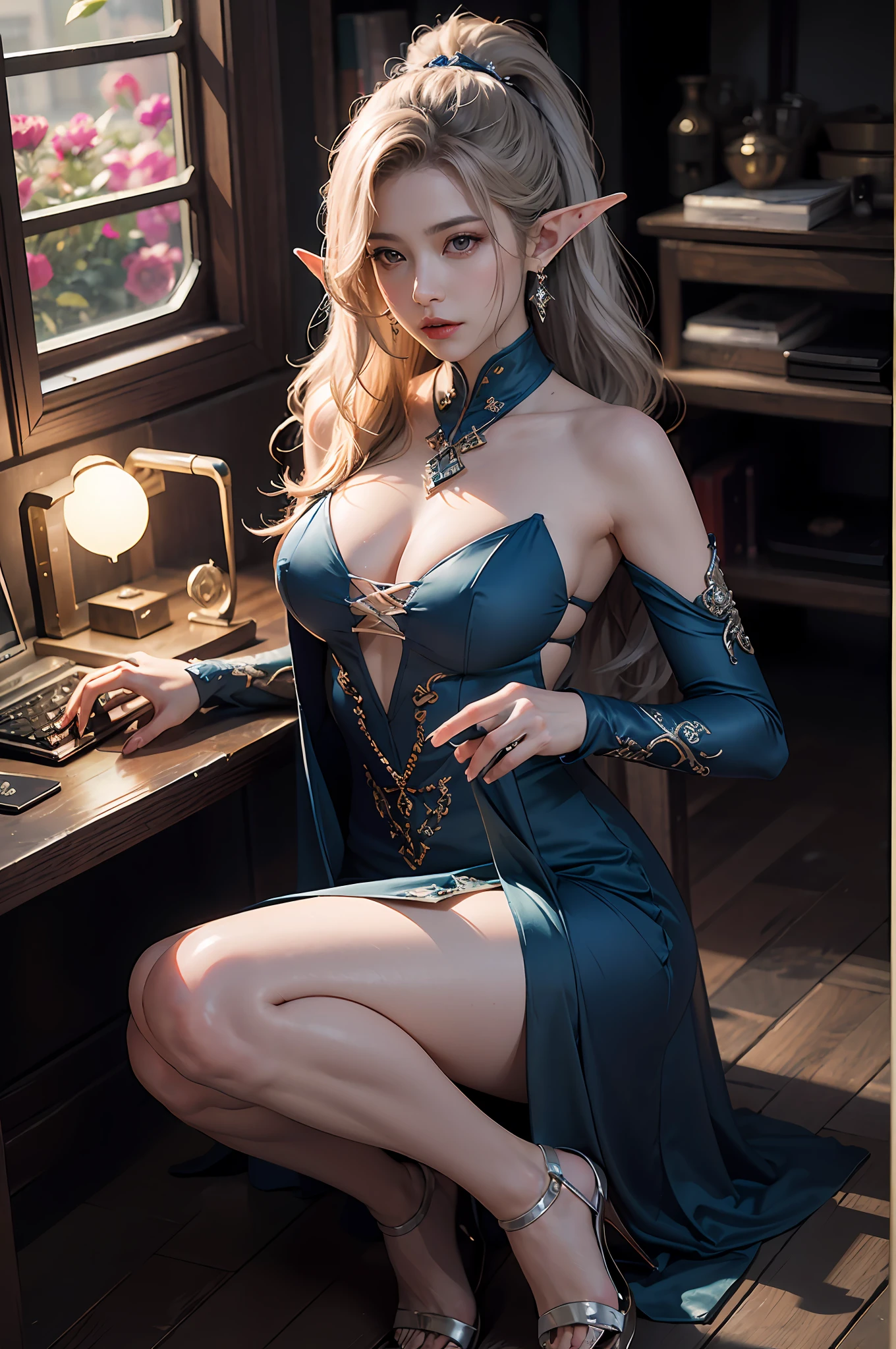 ((最佳质量)), ((A masterpiece)), (Detail:1.4), 3D, A beautiful elven fantasy beautiful girl,Elf long ears,Diamond stud earrings,(sitting on the ground)((silverlong hair,Double ponytail:1.9)),(Purple princess dress,Long skirt:1.4)(Black stockings beautiful legs,heeled sandals:1.6)(Western European medieval style,Metal Temple,:1.6),Metallic sequins,Fantasy wind,closeup of face,Extremely normal hands,Extremely normal legs,hdr(High dynamic range),光线追踪,NVIDIA RTX,Hyper res,illusory 5,Subsurface scattering、PBR Texture、post-processed、Anisotropy Filtering、Depth of field、maximum definition and sharpness、multi-layer texture、Albedo e mapas Speculares、Surface Coloring、Accurate simulation of light-material interactions、perfectly proportioned、octano render aesethic、Two-colored light、Large aperture、Low ISO、White balance、Rule of thirds、8K raw data