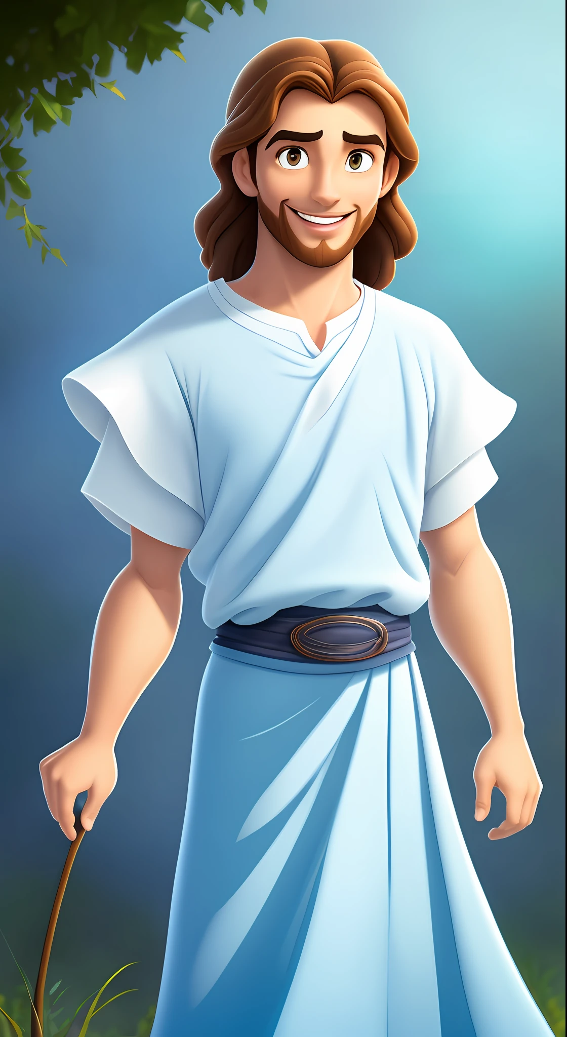 Qualidade de arte original, imagem de corpo inteiro, Disney character animation style, young and handsome Joseph of Egypt, standing posture, hands naturally placed on both sides, olhando para frente, soft, smiling expression, olhos cheios de luz, luz de fundo azul, translucent, com luz como tema, the focus of light is on the characters, the overall picture is fresh and bright.