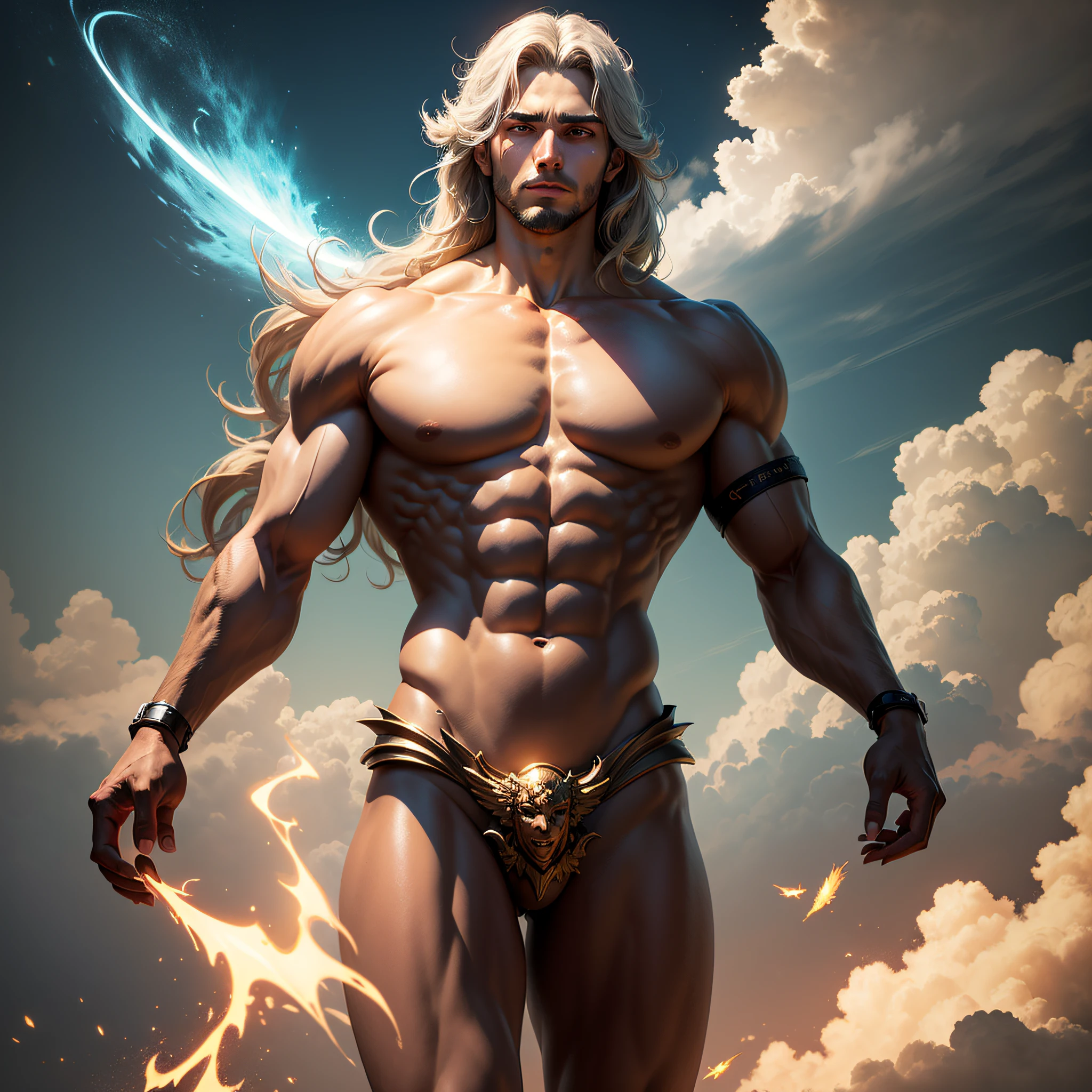 A dynamic image of Hermes, o mensageiro dos deuses, em pleno voo com suas asas douradas. Ele segura o caduceu, symbol of his function as divine messenger, while traversing the skies at high speed. Ao fundo, nuvens e raios de sol criam uma atmosfera de movimento e energia.