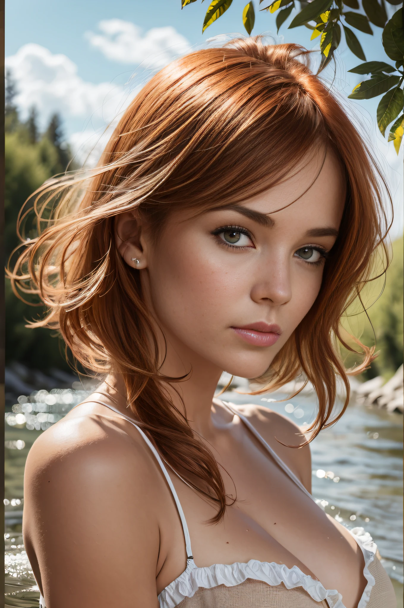 Portrait d'une rousse de 36 ans, Frenchwoman, Chest close-up, Disjointed cream-colored linen bustier, les mains dans les cheveux, Ultra-detailed skin texture, sexuality, seduction, regard amoureux, bouche entrouverte,in a river, rochers, arbres, soleil couchant, cinematic rendering, 32K, facial sharpness