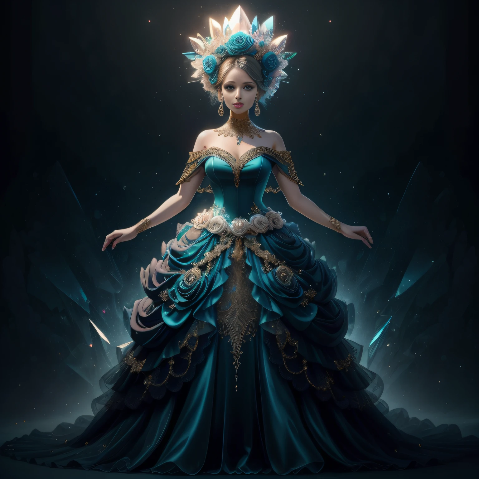 a day of the dead goddess wearing a majestic crystal teal and gold ball gown dress, big beautiful dress, intricate puffy ball gown with lots of ruffles and rhinestones (Masterpiece, Top Quality, Best Quality, Official Art, Beautiful and Aesthetic: 1.2), (1 Flower), Full Body, Extremely Detailed, (Fractal Art: 1.3), Colorful, Most Detailed