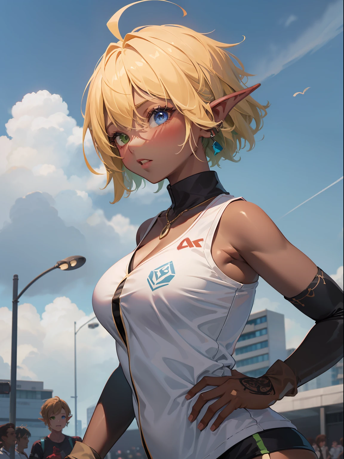 high-re, sharp-focus, pixiv's masterpiece, ((and intricate detailing)), extremly detailed, pointy ear, Heterochromia, 独奏, bronde hair, Green eyes, Blue Eye, Ahoge, 1girls, shorth hair, elvish, Dark skinned, Whole human body, woman kngiht,HugeBoobs、Running、Full Dash、Running Wear、Aura of Overlord、