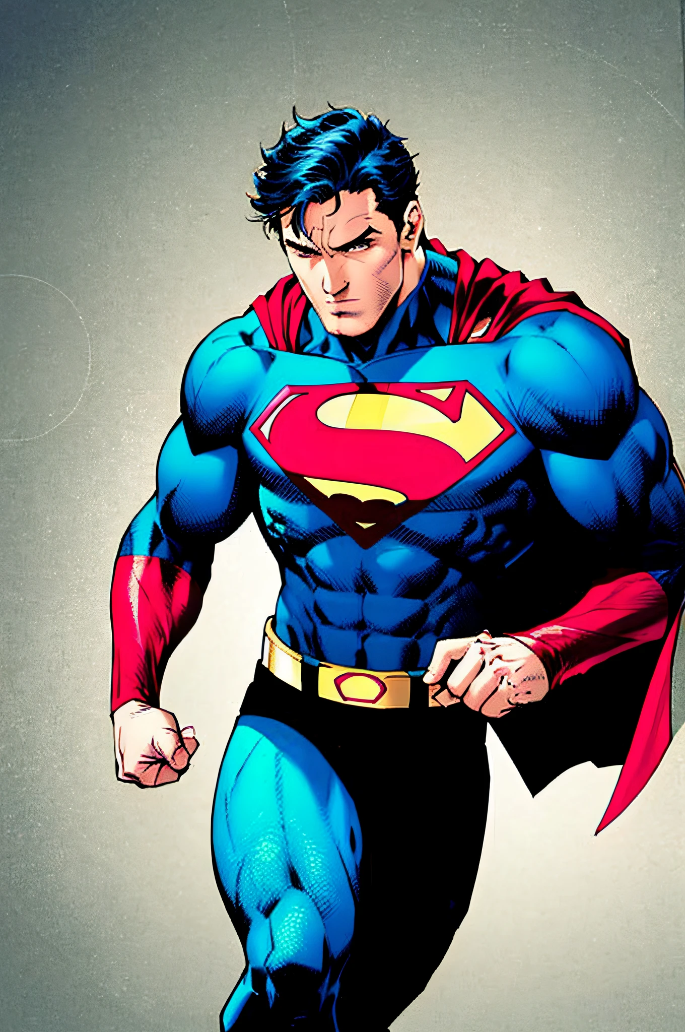 Jim Lee, 1boy, Superman abs, Bara, cabelo preto, body azul, olhos azuis, body, capa, lutando, peitorais grandes, foco masculino, musculoso, macho musculoso, levantamento peitoral, peitorais, capa vermelha, cabelo curto , fundo simples, solo, super hero, parte superior do corpo, ((obra-prima))