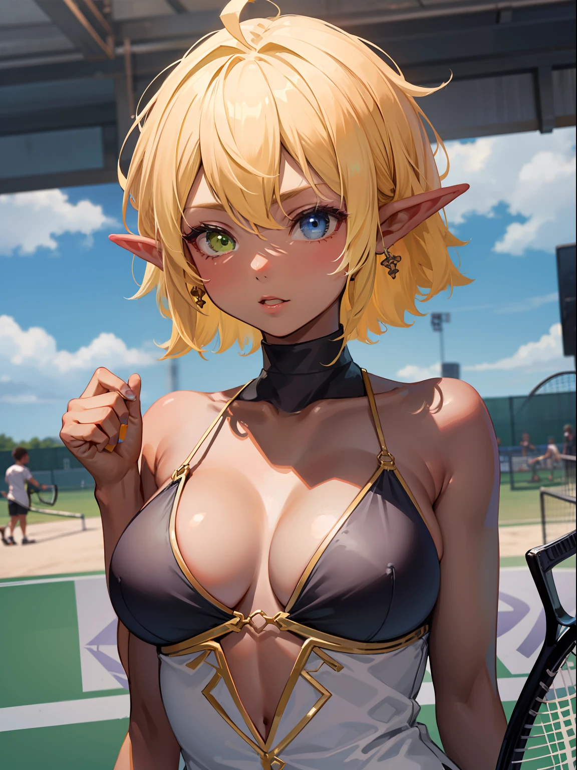 high-re, sharp-focus, pixiv's masterpiece, ((and intricate detailing)), extremly detailed, pointy ear, Heterochromia, 独奏, bronde hair, Green eyes, Blue Eye, Ahoge, 1girls, shorth hair, elvish, Dark skinned, Whole human body, woman kngiht,HugeBoobs、tennis、Aura of Overlord、