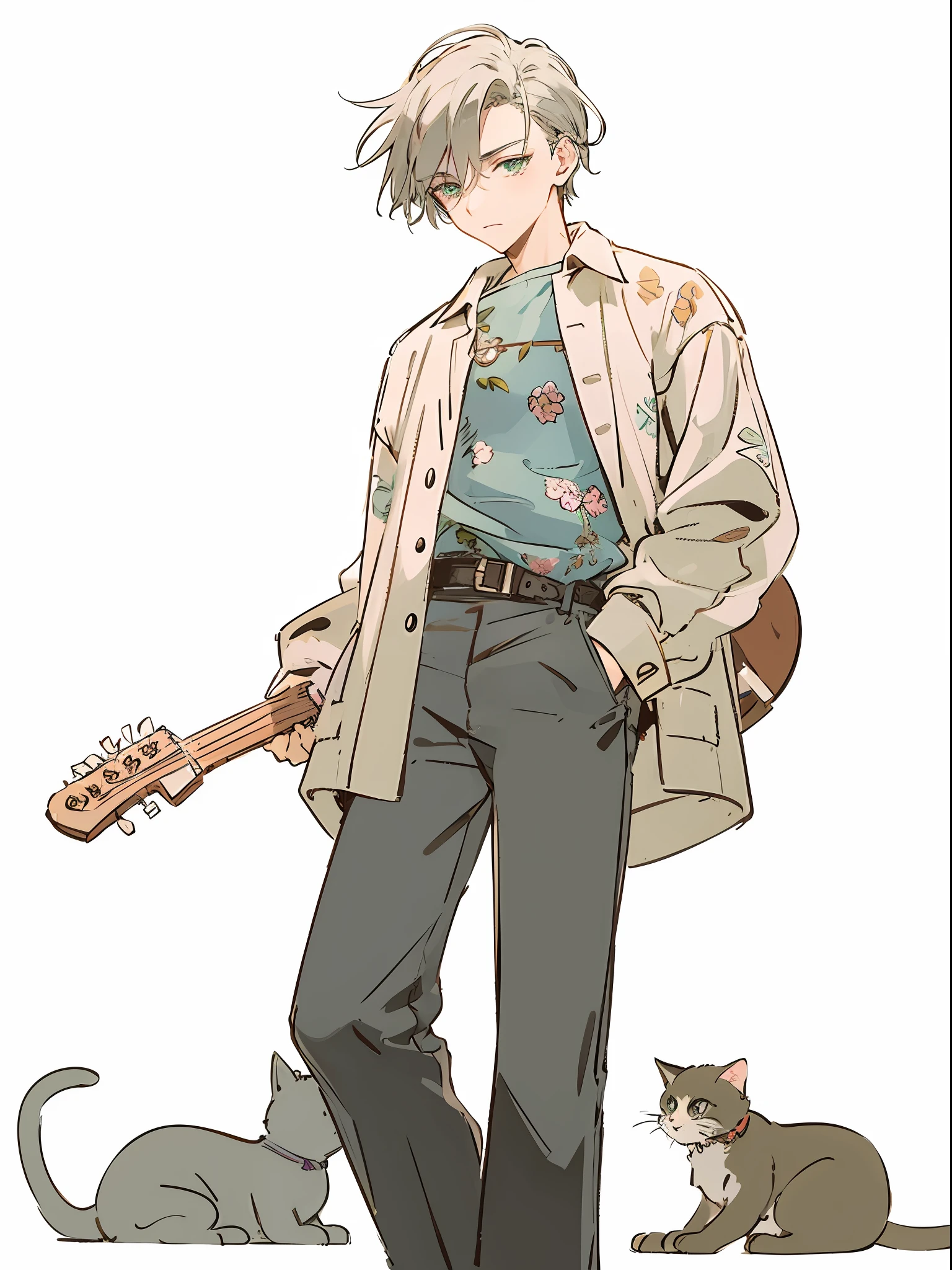 Handsome man,Green eyes,calm expression,style of anime,filigree,Best qualities