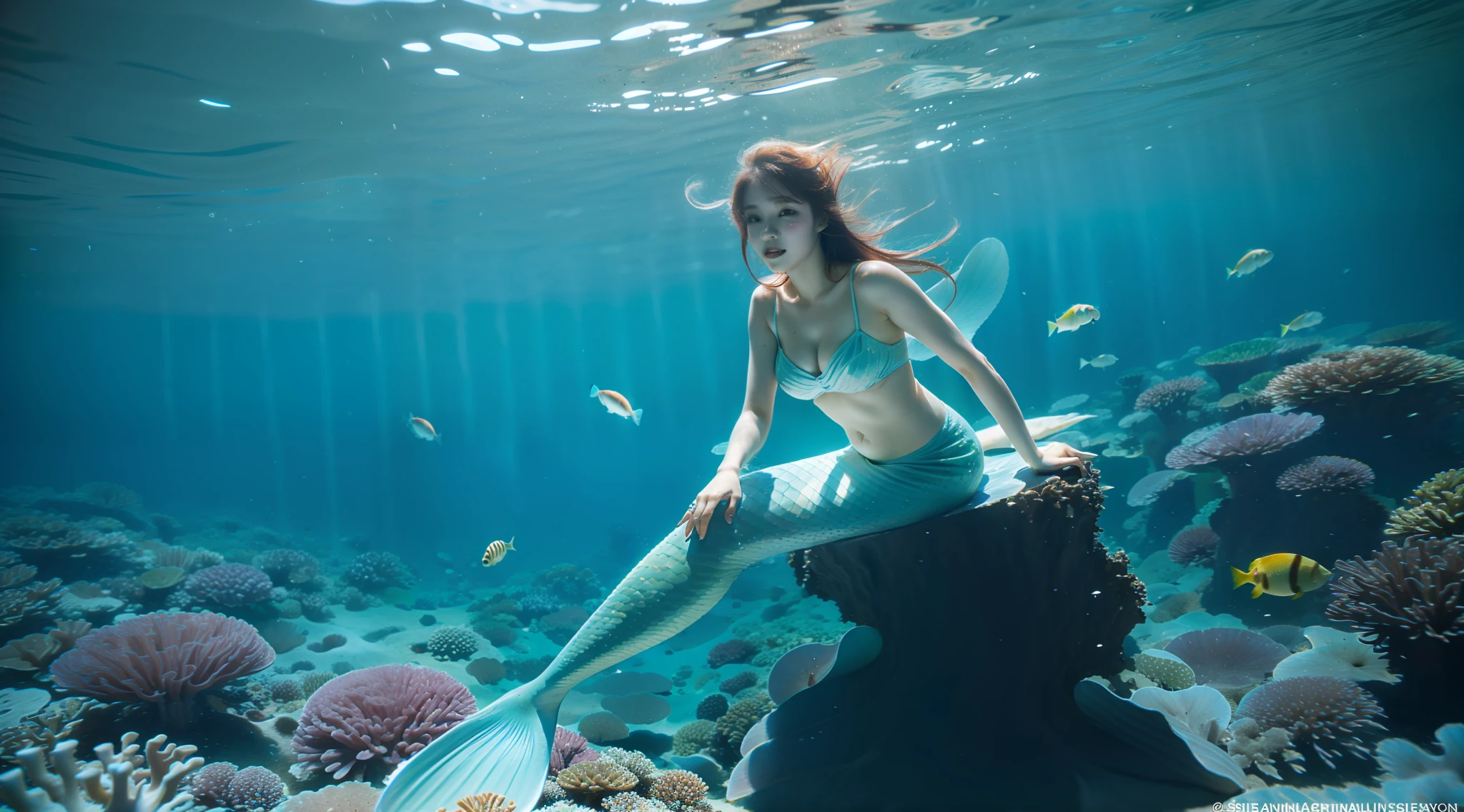 a Korean mermaid, attractive, underwater, on a coral stool,Lots of fish jellyfish around,shallow sea,Raycasting,seductively posed,
