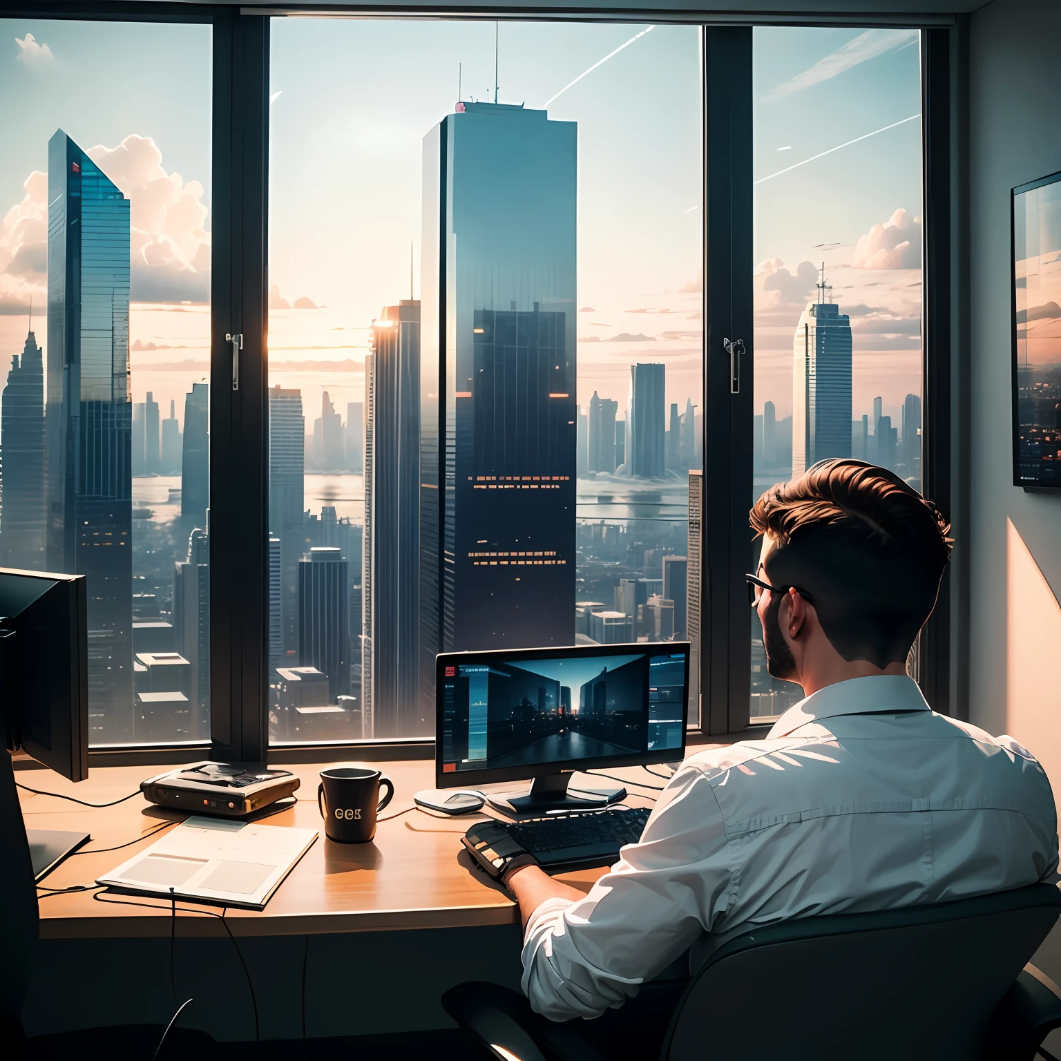 Imagine a businessman sitting in his chair, with the two computer screens in front of you, enquanto negocia no mercado financeiro. Behind him, A large window reveals a spectacular view of a futuristic city, with drones flying through the skies and tall buildings touching the clouds. --auto