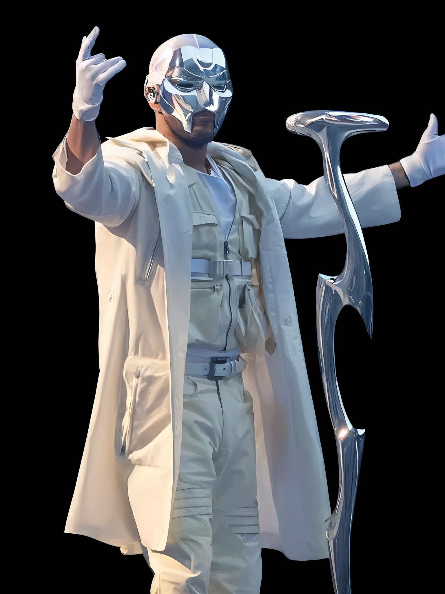 The Weeknd, 1man with a robotic chrome armor style hajime SORAYAMA, with a chrome jacket with a shiny chromatic Robotic vest chrome details, your flawless and glowing skin under the soft and dramatic lighting. Esta cena deve ser capturada em filme 35mm, com uma bela profundidade de campo e um fundo ligeiramente desfocado, Nostalgic, ((ROUPA BRANCA CROMADA DE FERRO BRILHANTE)) ((ROBOTIC CLOTHING))
Filmg, the weeknd wearing white Dureg with a chrome mask ((corpo inteiro))