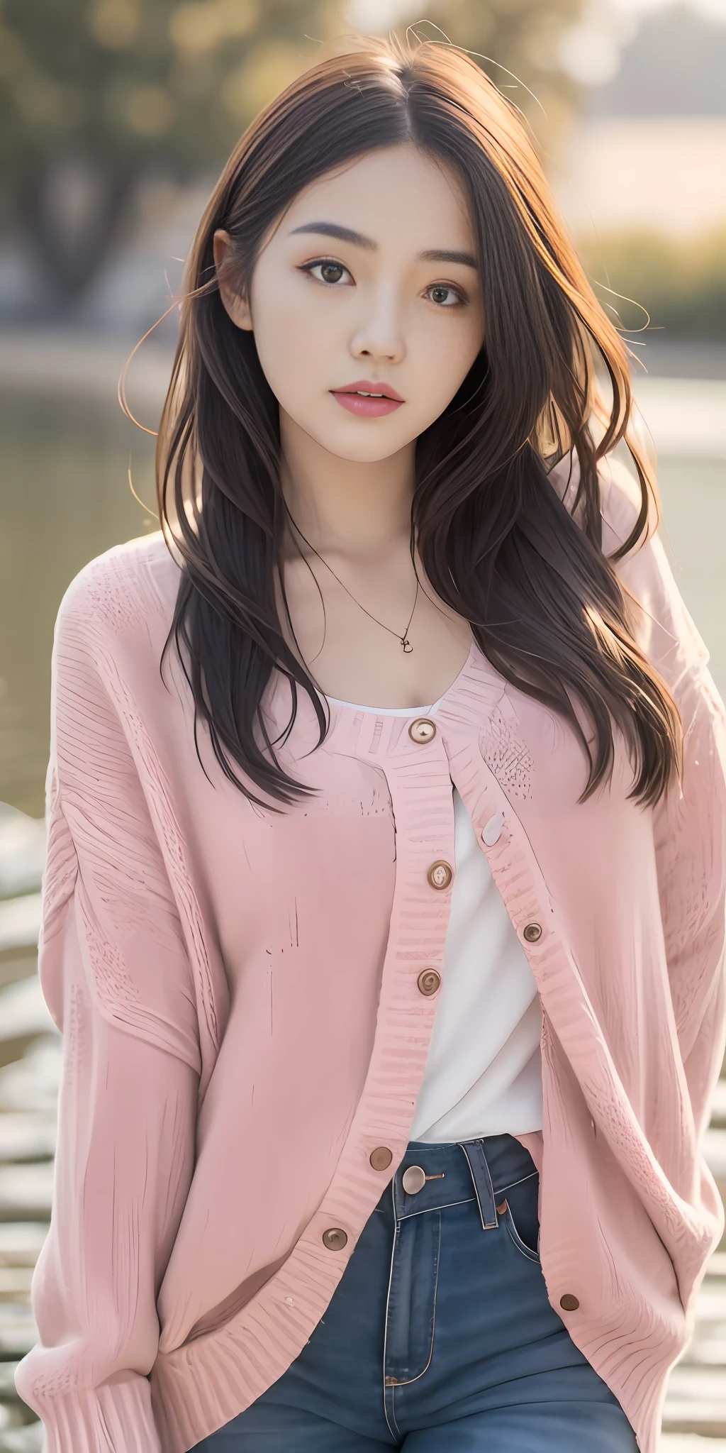 1girl walking on the river, mix4, sweater, pillow, lips, open_mouth, realistic, photo_\(medium\), solo, stuffed_animal, stuffed_toy, teddy_bear,(masterpiece),(photorealistic:1.3), ultra-detailed, (high detailed skin:1.2),(best quality:1.0), (ultra highres:1.0), (ulzzang-6500:0.3), wavy detailed hair, long hair, sunshine, (beautiful detailed makeup), (sexually aroused blushing heavy breathing:1.0), floral theme flower petals scattered, (soft glow bloom:0.5)