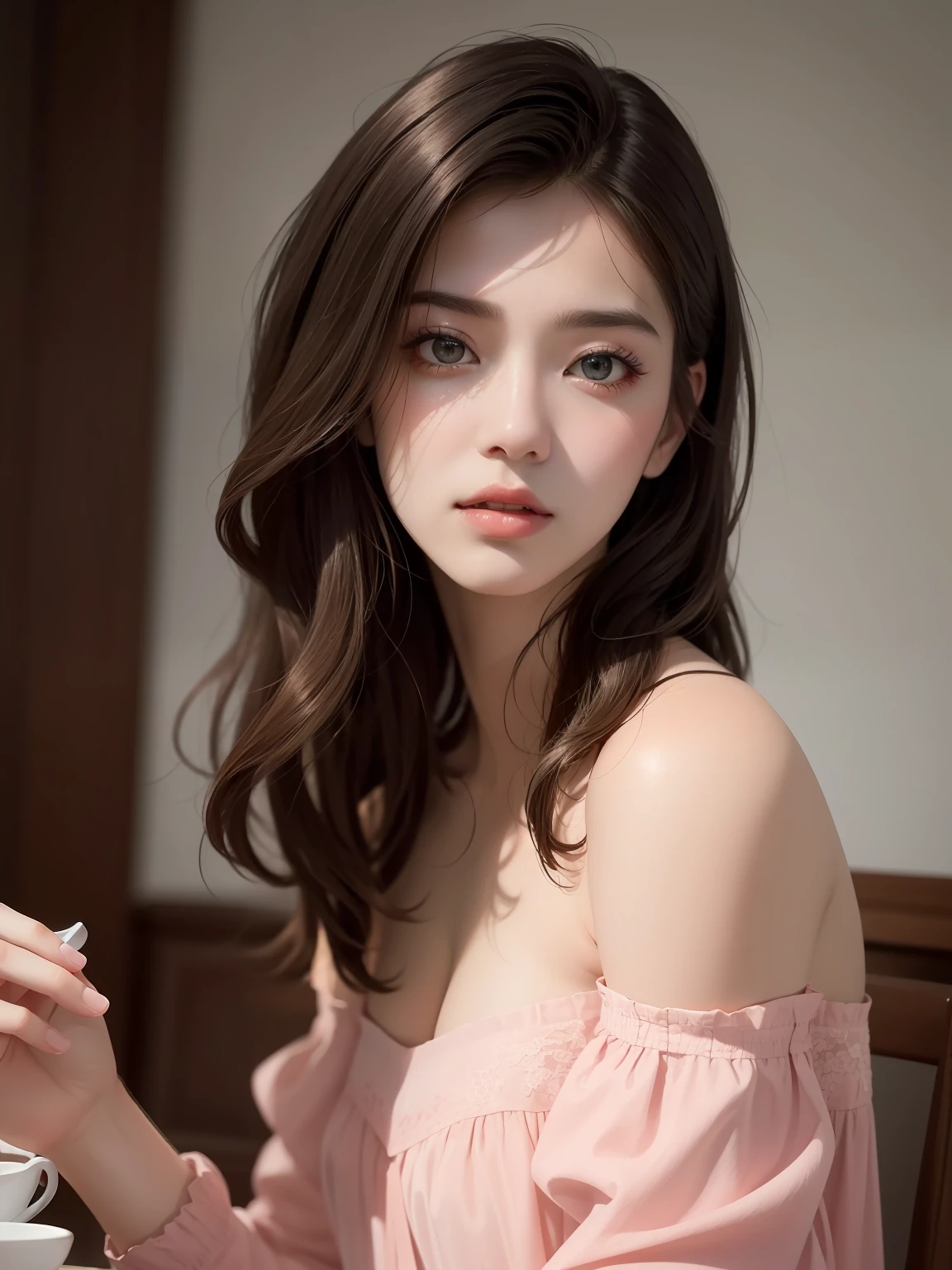 beste Quality, masterpieces, Super High Resolution, (photo realistic:1.5), Raw Image,pink dress ,Korean 1girl, offshoulder, In the dark, deep shadow, Low key, cold light, sexy look, hair long,Cafe,pretty