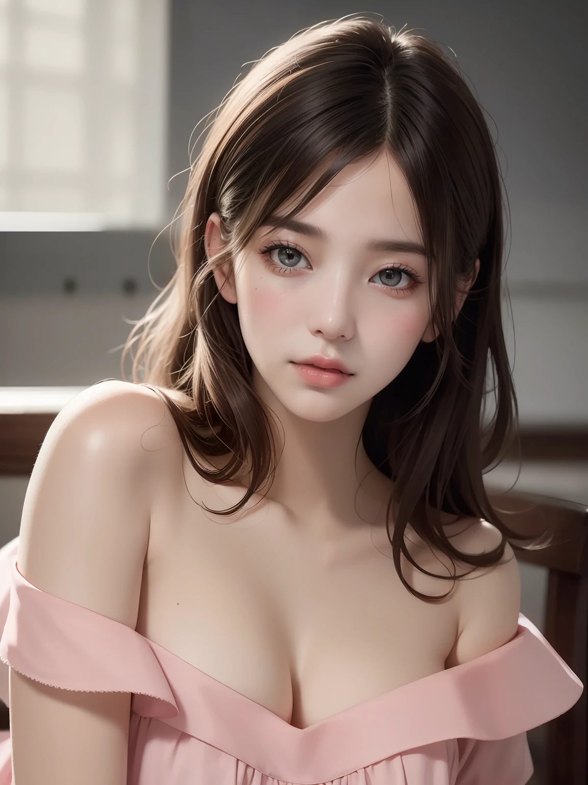 beste Quality, masterpieces, Super High Resolution, (photo realistic:1.5), Raw Image,pink dress ,Korean 1girl, offshoulder, In the dark, deep shadow, Low key, cold light, sexy look, hair long,Cafe,pretty