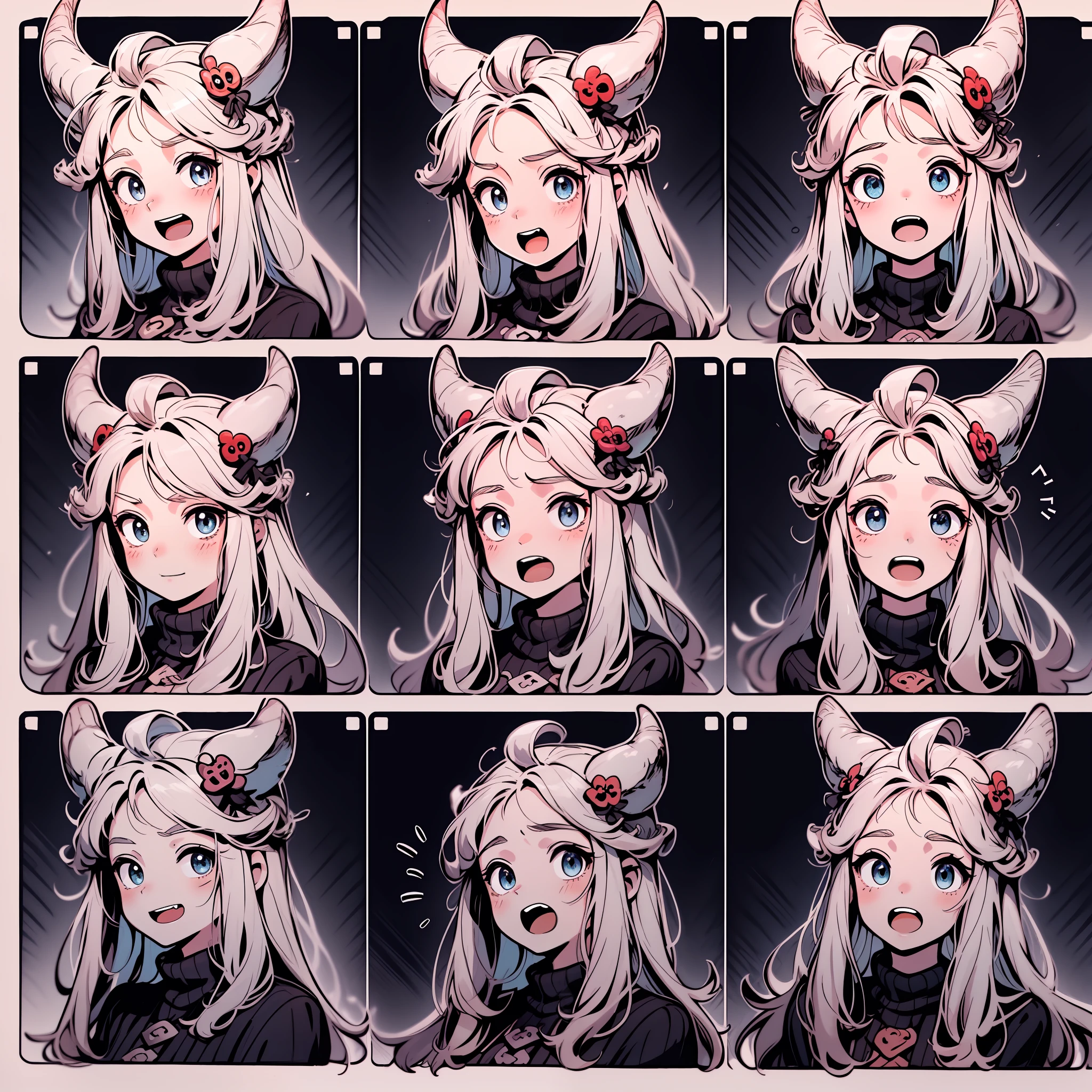 1 cute girl，9 grids，9 poses and expressions，Disney  style，Demon Dragon Horn，Black strokes，Different emotions，8K