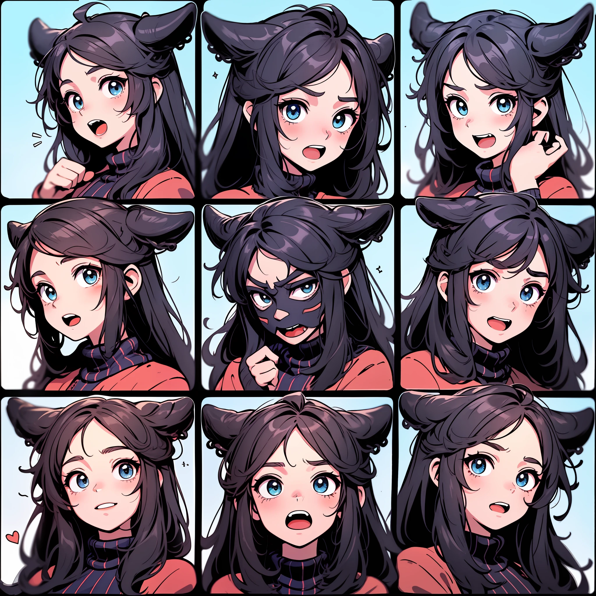 1 cute girl,9 grids,9 poses and expressions,Disney style,Demon Dragon Horn,Black strokes,Different emotions,8K