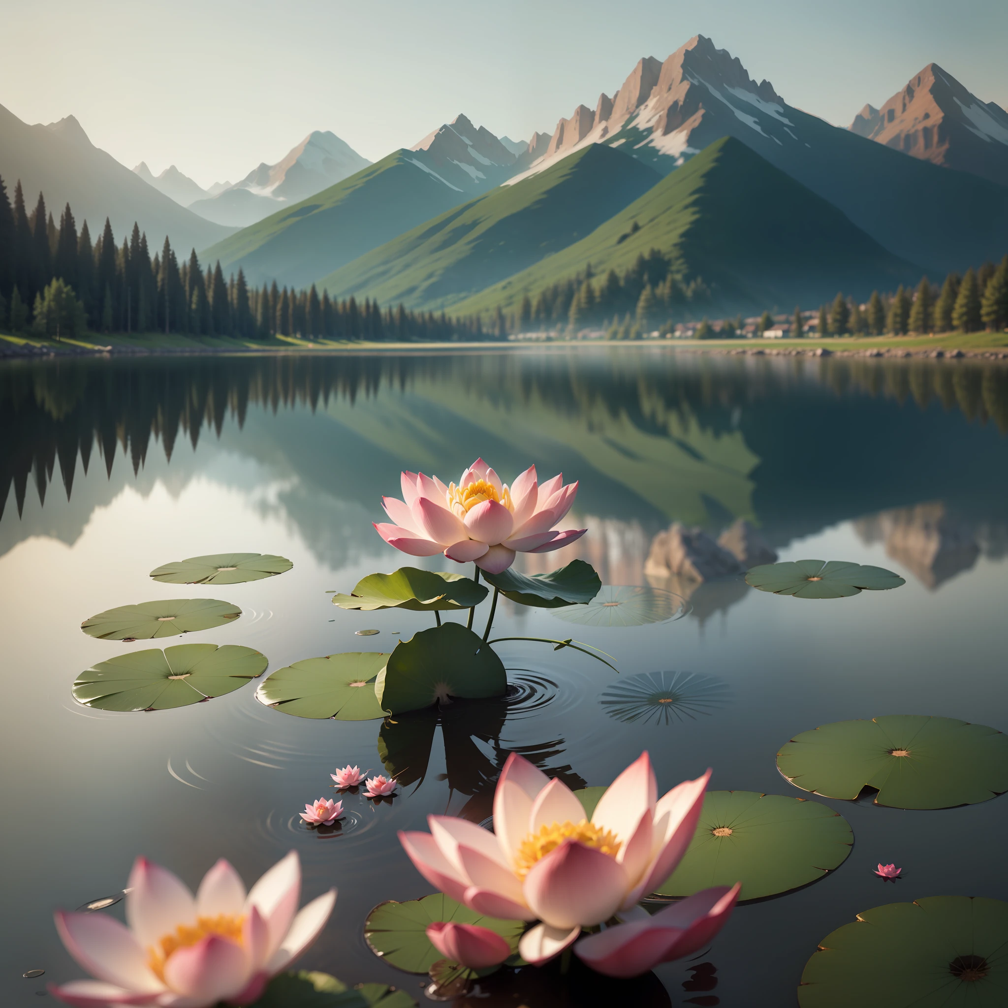 Lake background，High mountains in the distance，Close up with a few lotus flowers，Depth of field blur，Intentional realm，Diagonal composition，Some ripples