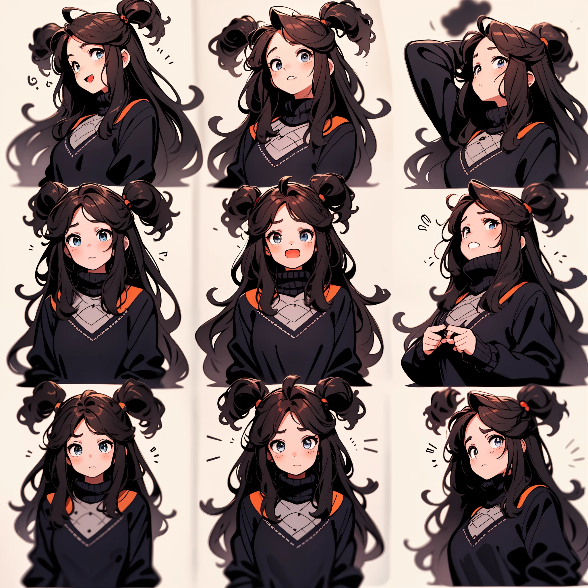 1 cute redhead girl，9 grids，9 poses and expressions，Disney  style，Black strokes，Different emotions，8K